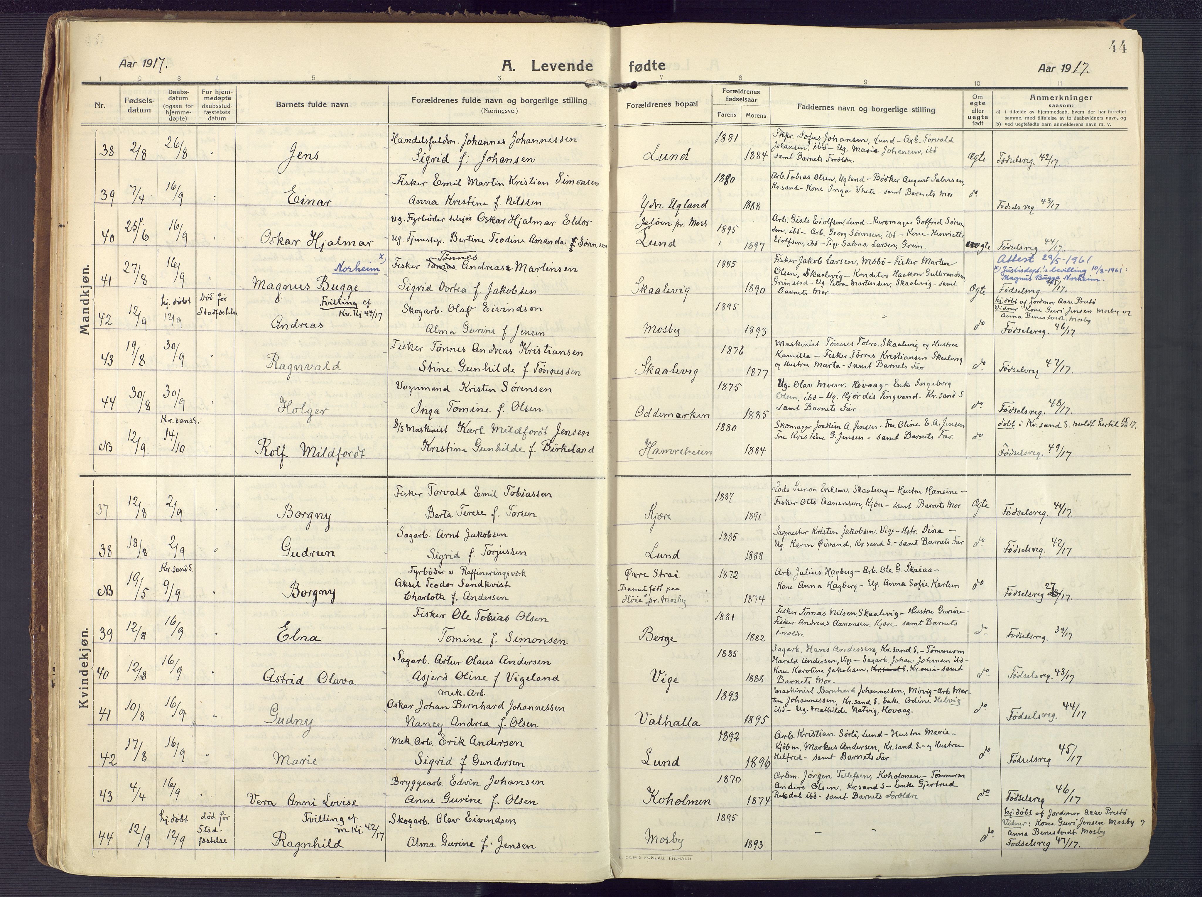 Oddernes sokneprestkontor, AV/SAK-1111-0033/F/Fa/Faa/L0012: Parish register (official) no. A 12, 1912-1925, p. 44