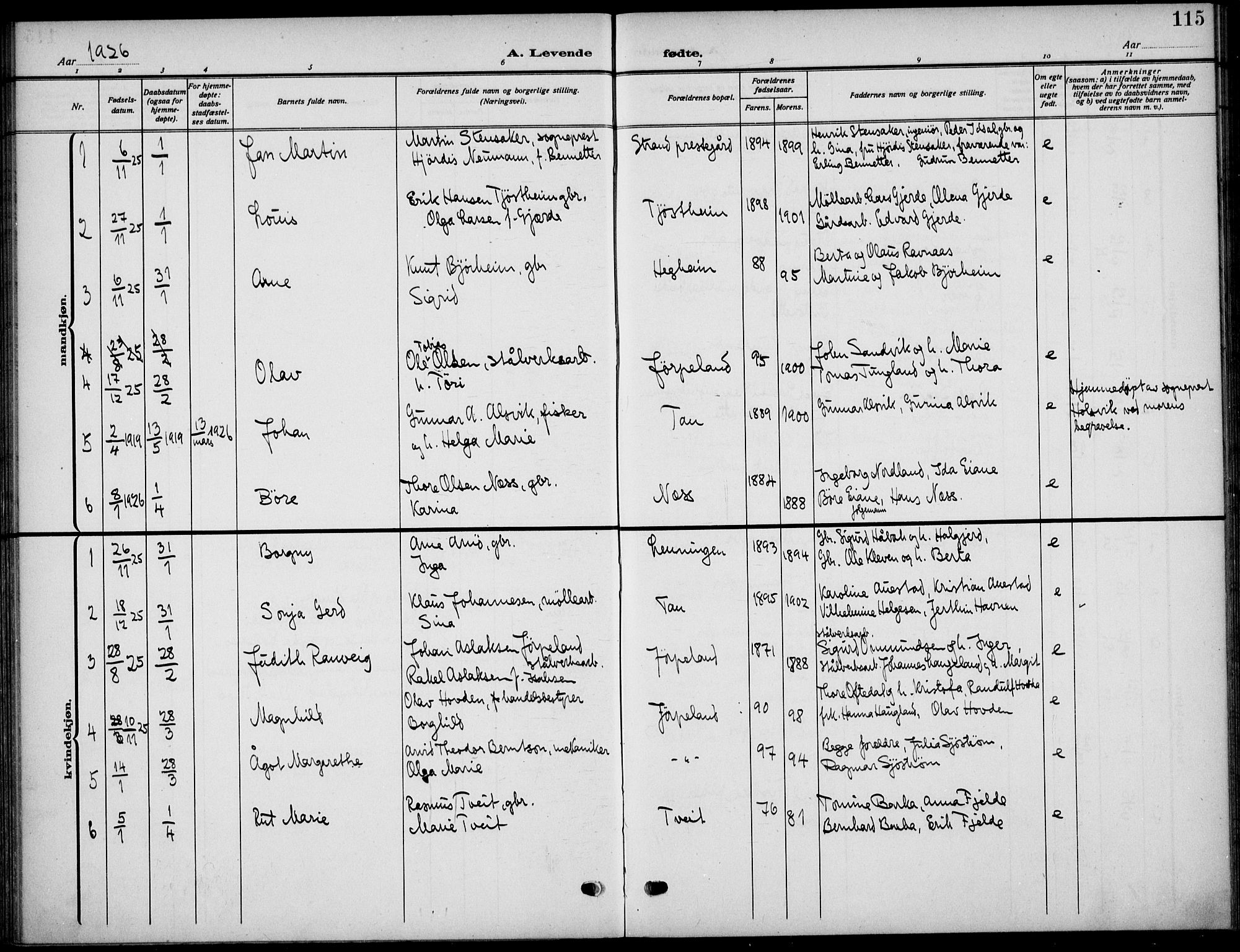 Strand sokneprestkontor, AV/SAST-A-101828/H/Ha/Haa/L0011: Parish register (official) no. A 11, 1908-1930, p. 115
