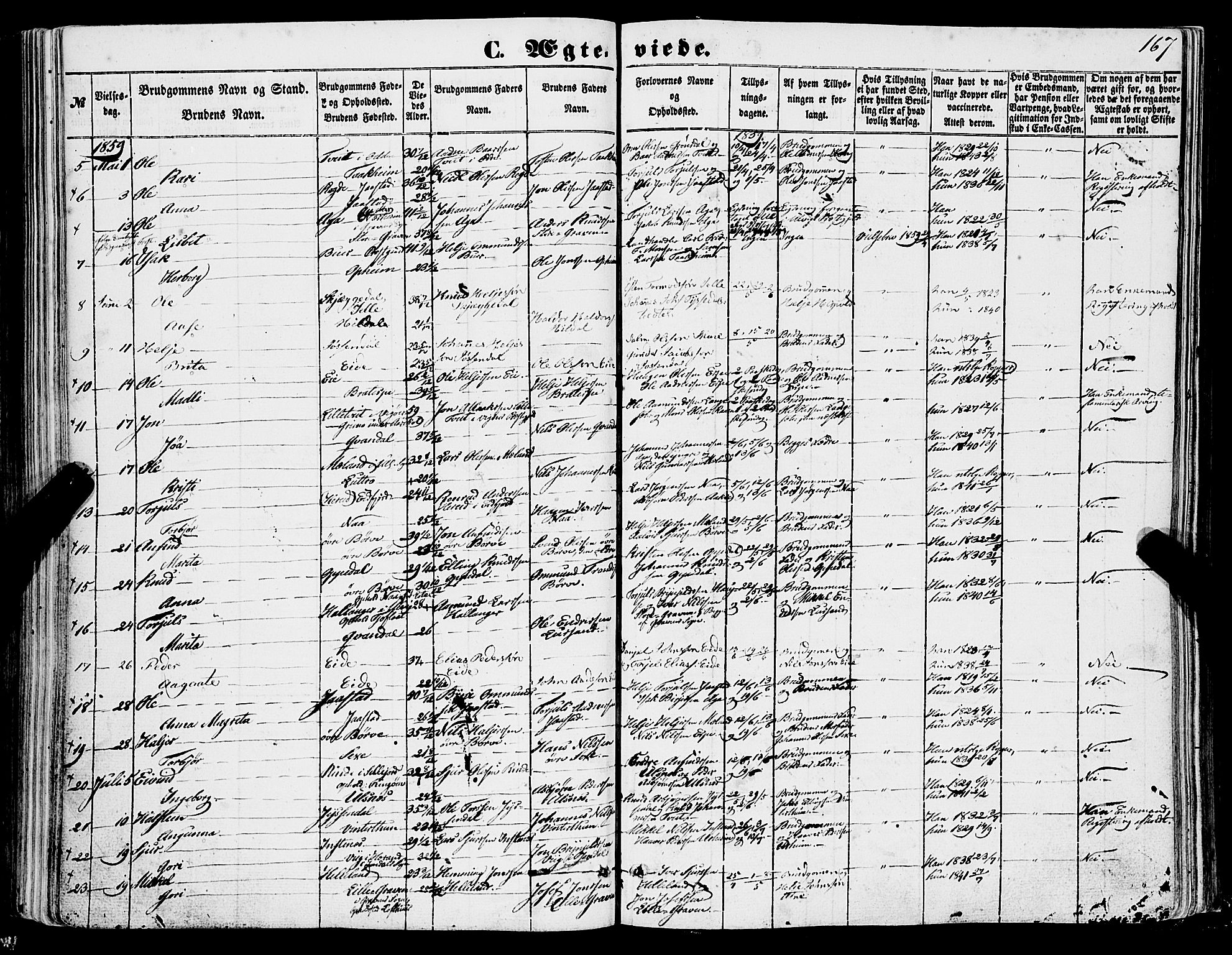 Ullensvang sokneprestembete, AV/SAB-A-78701/H/Haa: Parish register (official) no. A 11, 1854-1866, p. 167