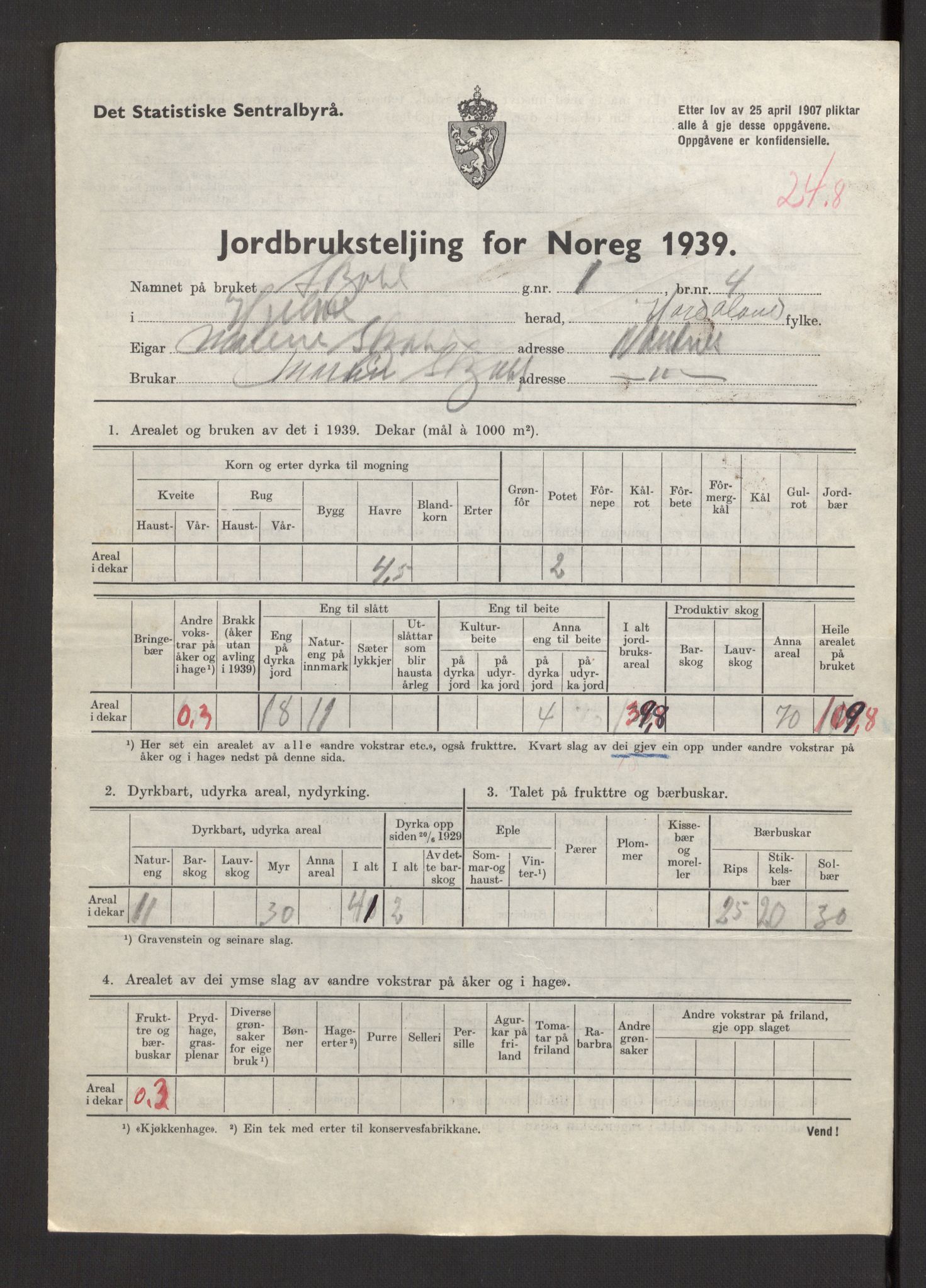 Statistisk sentralbyrå, Næringsøkonomiske emner, Jordbruk, skogbruk, jakt, fiske og fangst, AV/RA-S-2234/G/Gb/L0211: Hordaland: Herdla, Hjelme og Manger, 1939, p. 1397