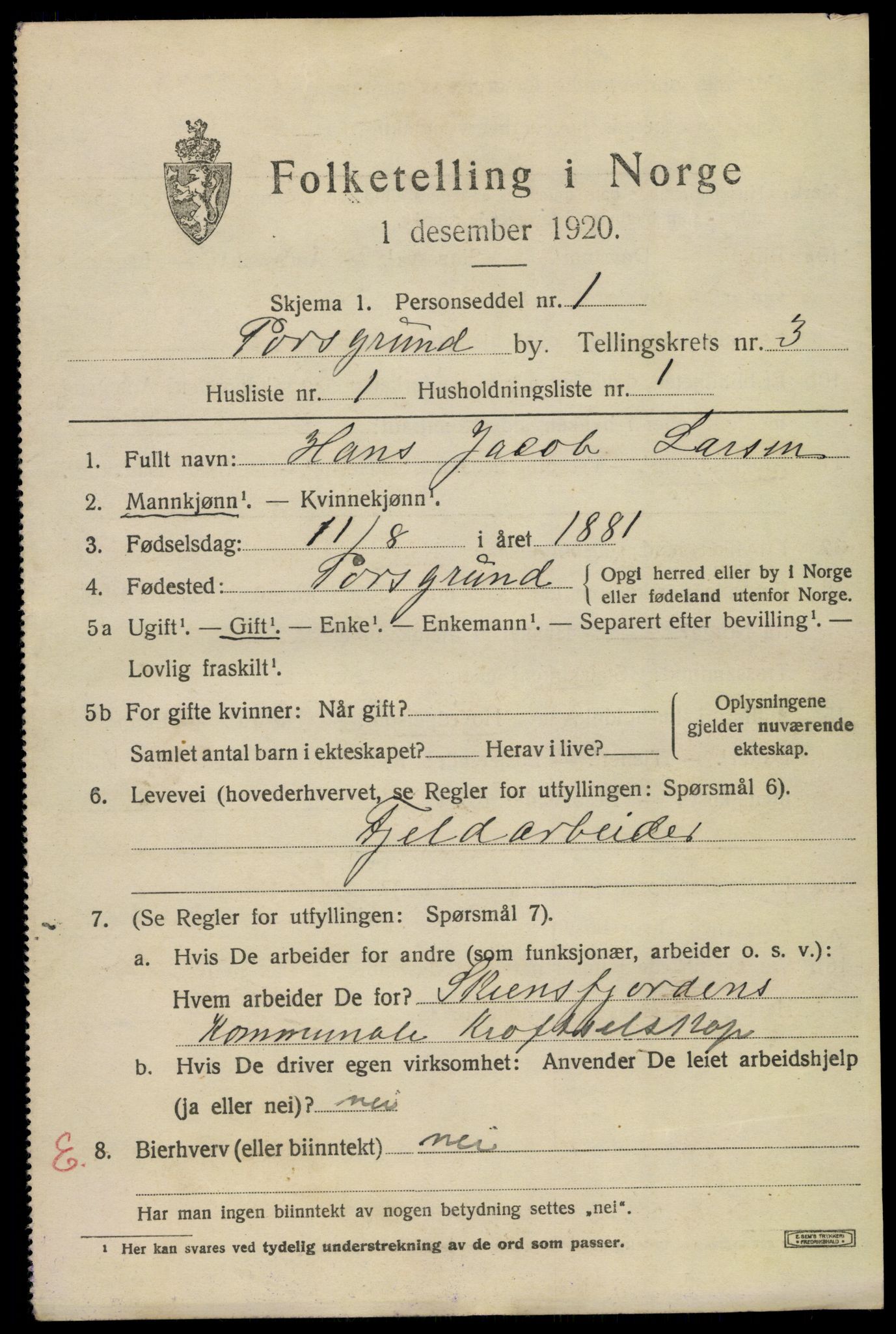 SAKO, 1920 census for Porsgrunn, 1920, p. 14445