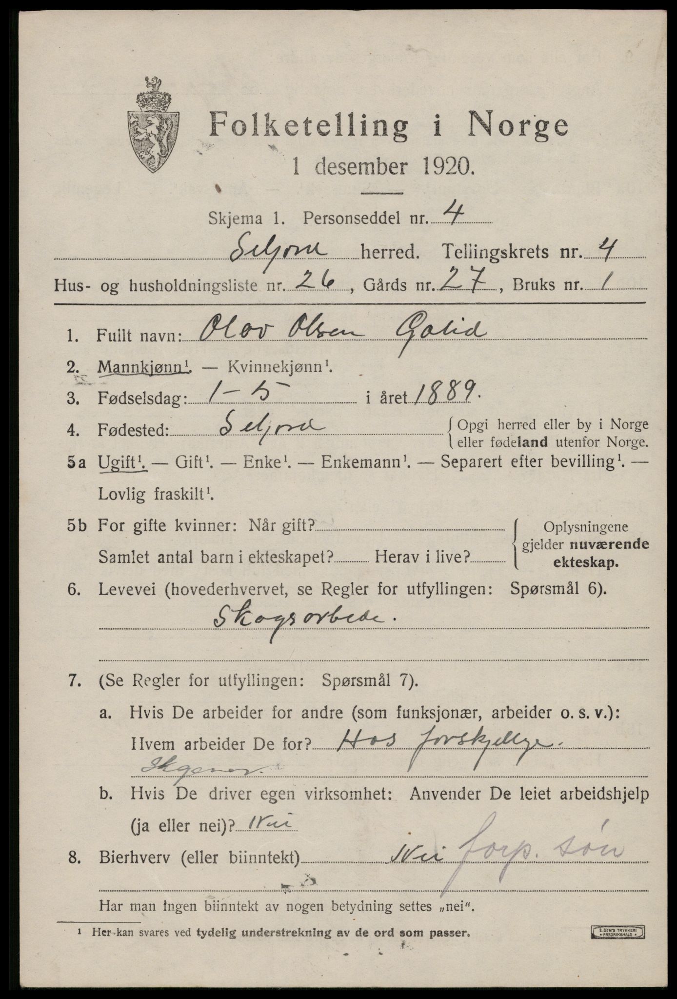 SAKO, 1920 census for Seljord, 1920, p. 2358