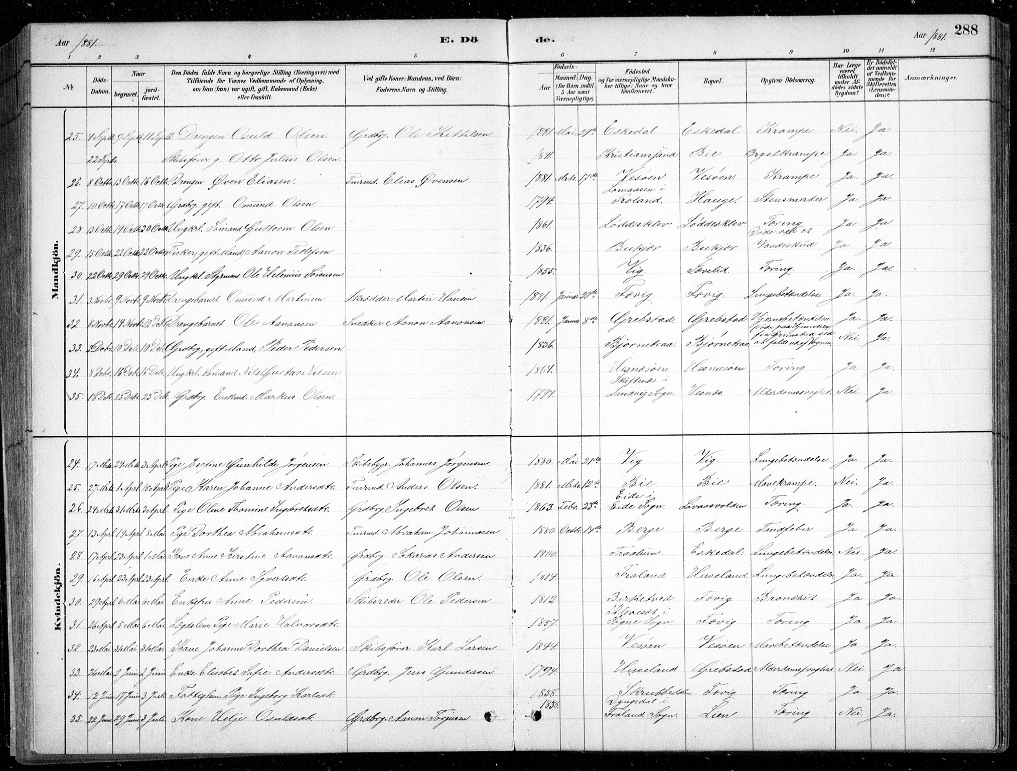 Fjære sokneprestkontor, SAK/1111-0011/F/Fb/L0011: Parish register (copy) no. B 11, 1881-1905, p. 288