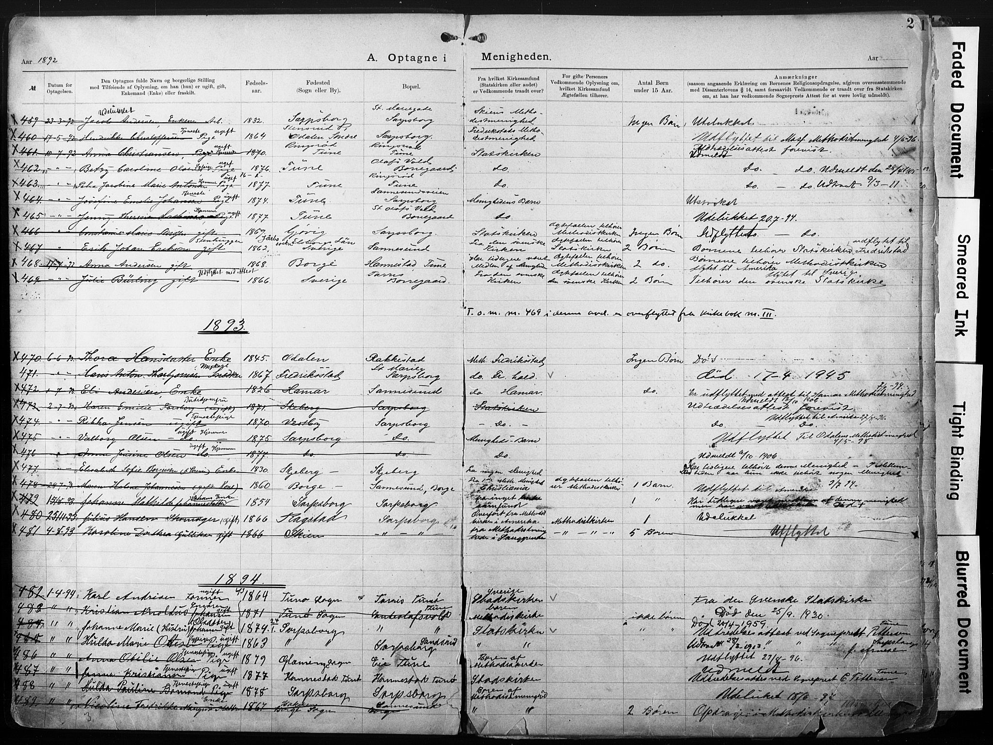 Sarpsborg metodistkirke, SAO/PAO-0233/A/L0004: Dissenter register no. 4, 1892-1923, p. 2