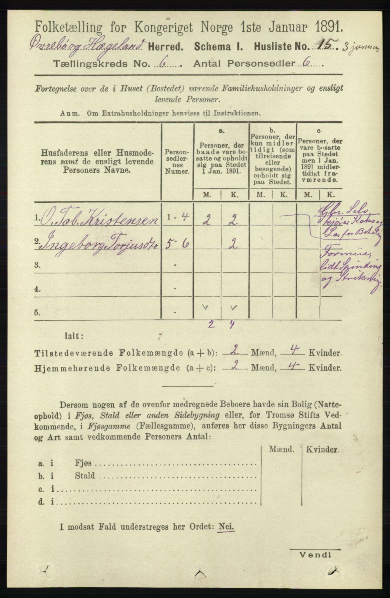 RA, 1891 census for 1016 Øvrebø og Hægeland, 1891, p. 1161