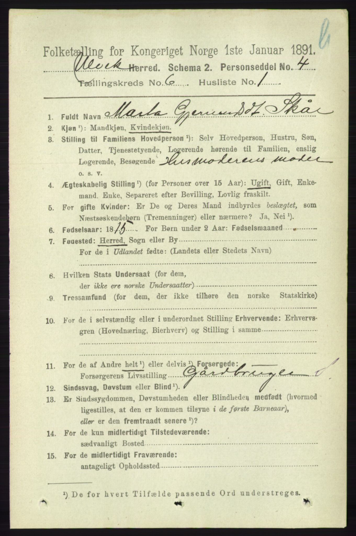 RA, 1891 census for 1233 Ulvik, 1891, p. 1861