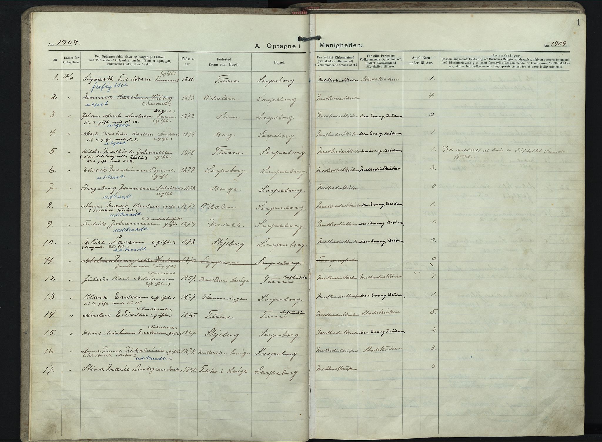 Den Evangeliske Brødremenighed i Sarpsborg, SAO/PAO-0257/F/L0001: Dissenter register no. 1, 1909-1917, p. 1