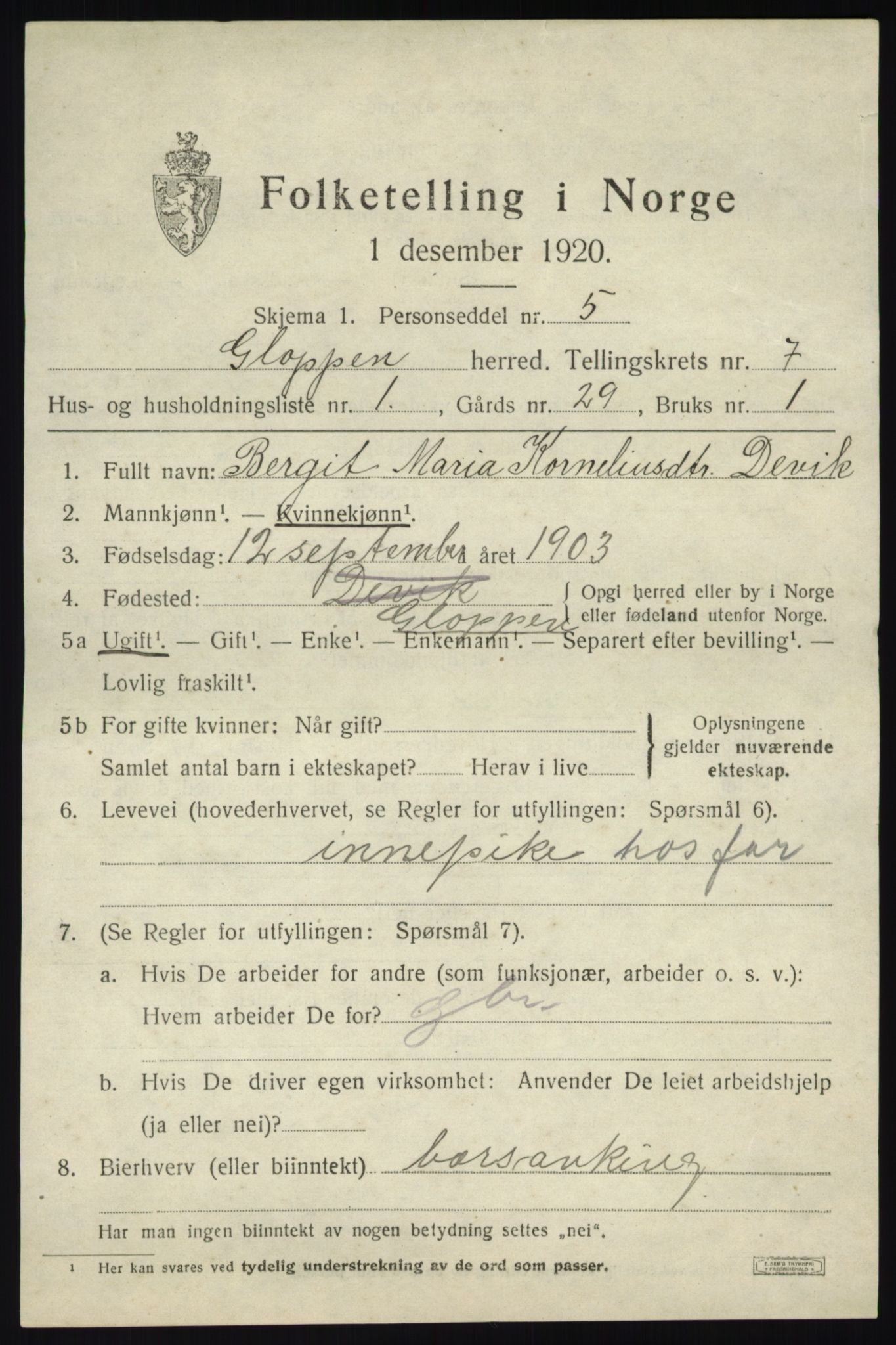 SAB, 1920 census for Gloppen, 1920, p. 4082