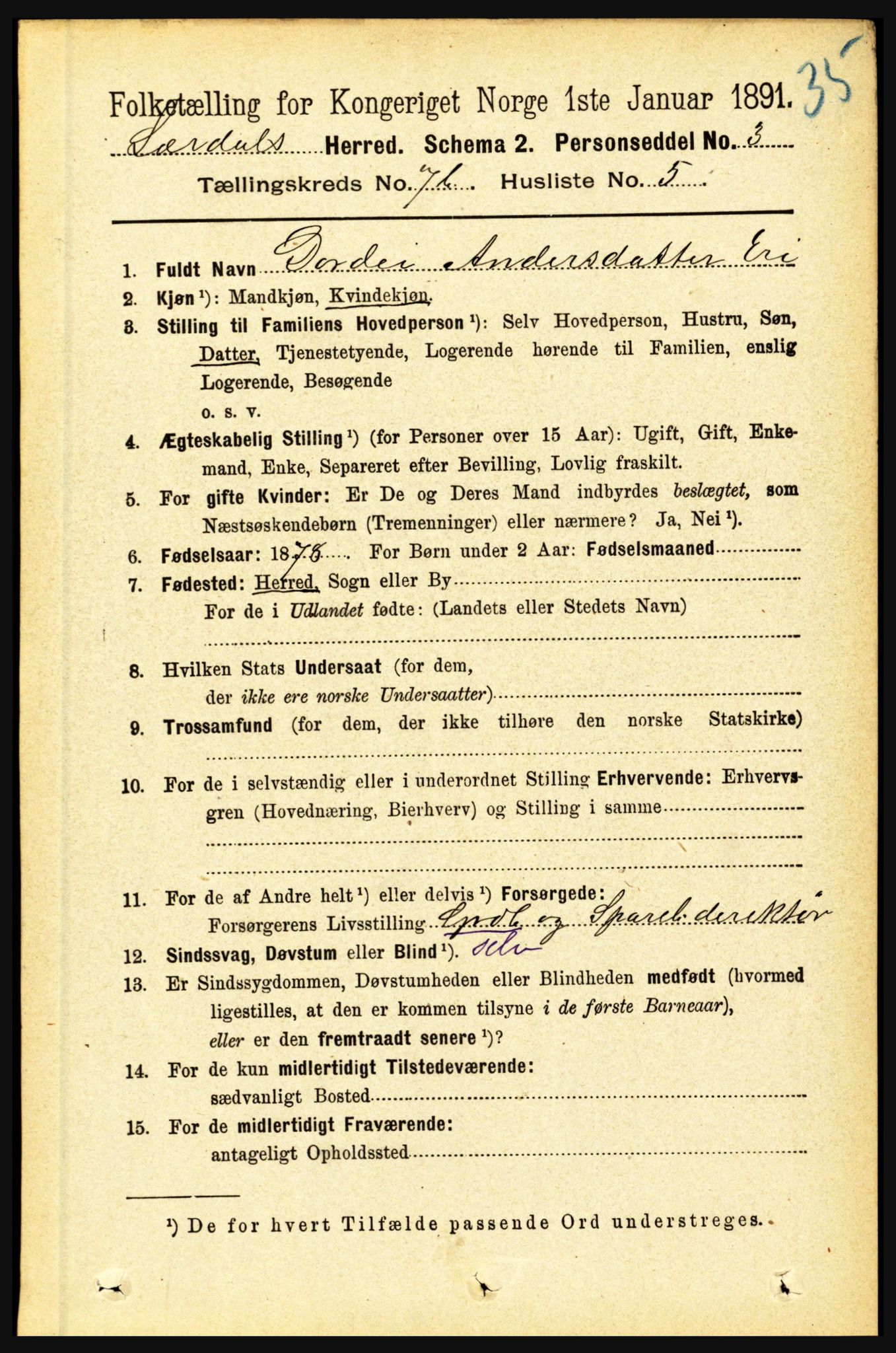 RA, 1891 census for 1422 Lærdal, 1891, p. 1161