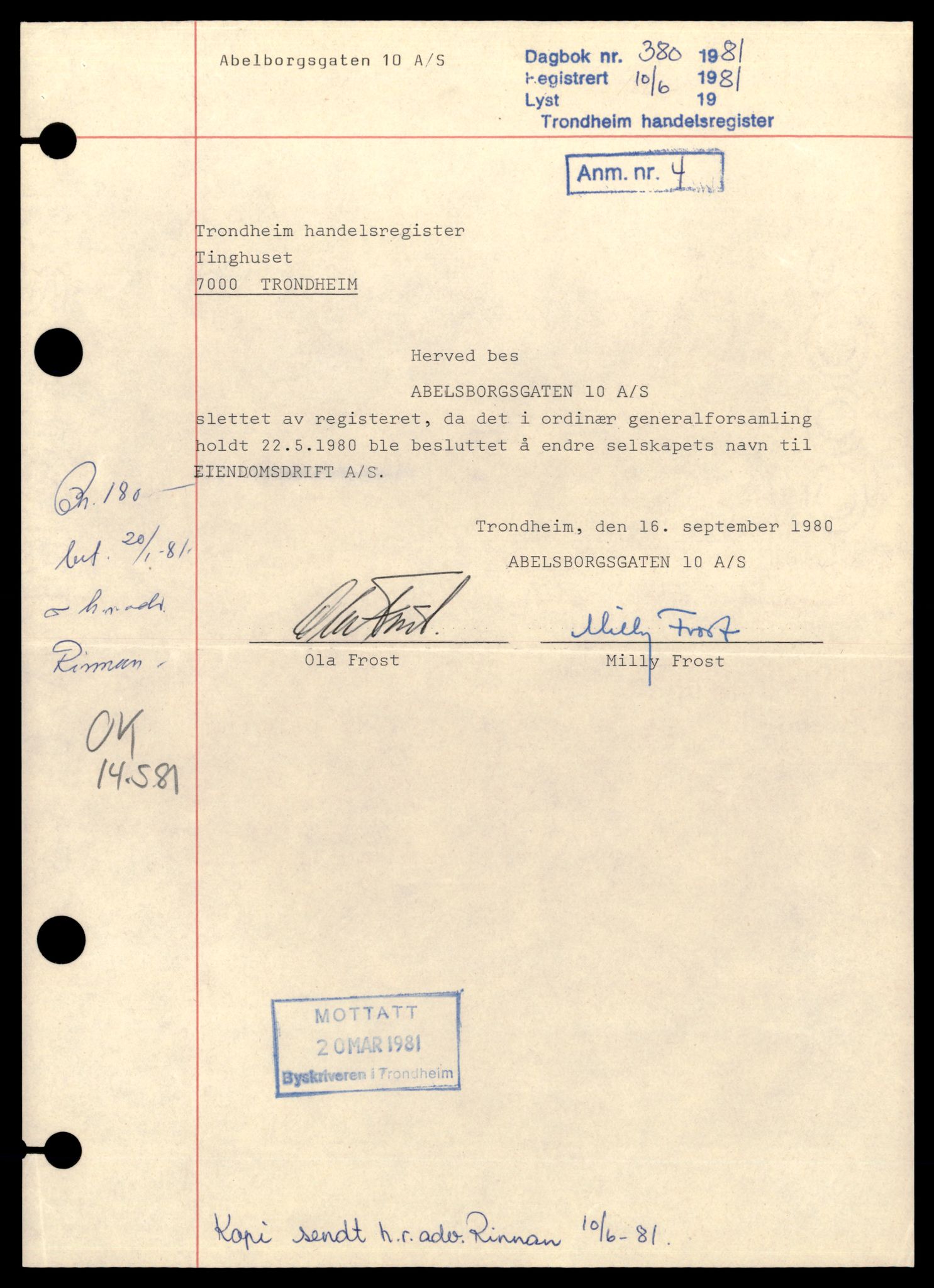 Trondheim byfogd, AV/SAT-A-0003/2/J/Jd/Jdb/L0054: Aksjeselskap, andelslag og borettslag, A-Bi, 1977-1981, p. 1