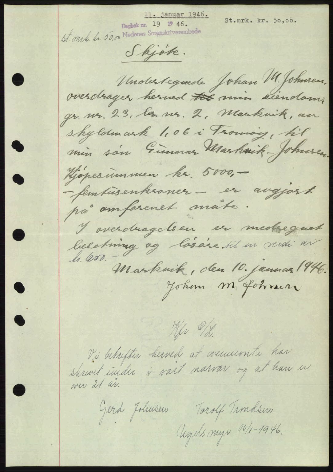 Nedenes sorenskriveri, SAK/1221-0006/G/Gb/Gba/L0054: Mortgage book no. A6c, 1946-1946, Diary no: : 19/1946
