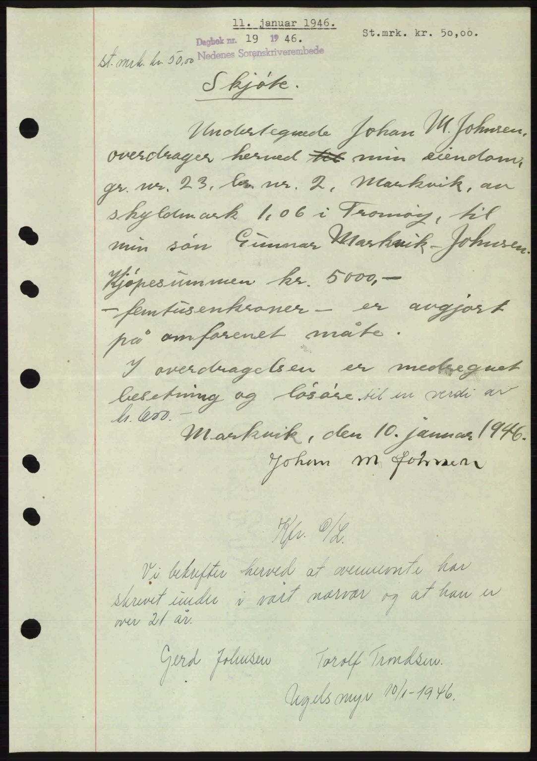 Nedenes sorenskriveri, AV/SAK-1221-0006/G/Gb/Gba/L0054: Mortgage book no. A6c, 1946-1946, Diary no: : 19/1946