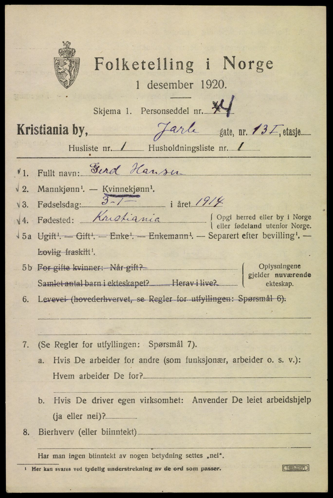 SAO, 1920 census for Kristiania, 1920, p. 316549