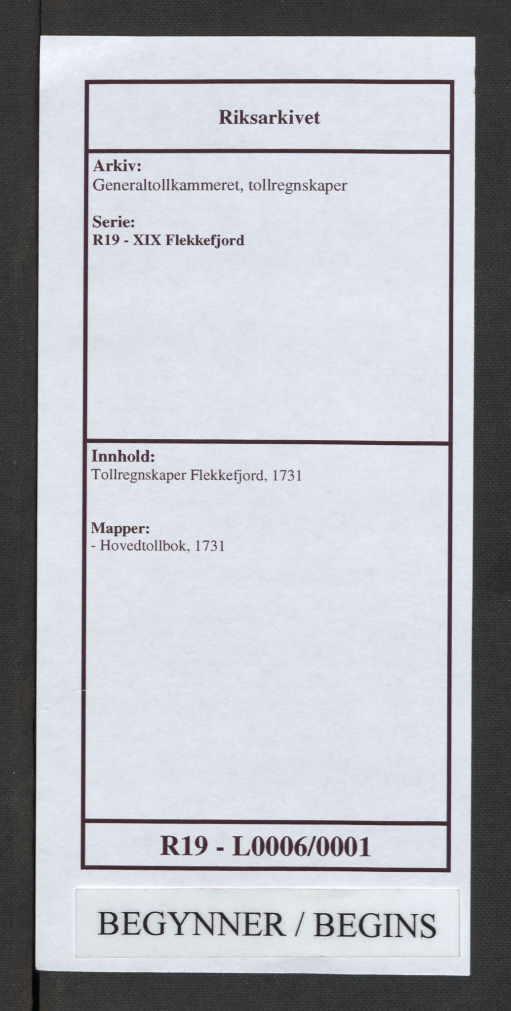 Generaltollkammeret, tollregnskaper, AV/RA-EA-5490/R19/L0006/0001: Tollregnskaper Flekkefjord / Hovedtollbok, 1731