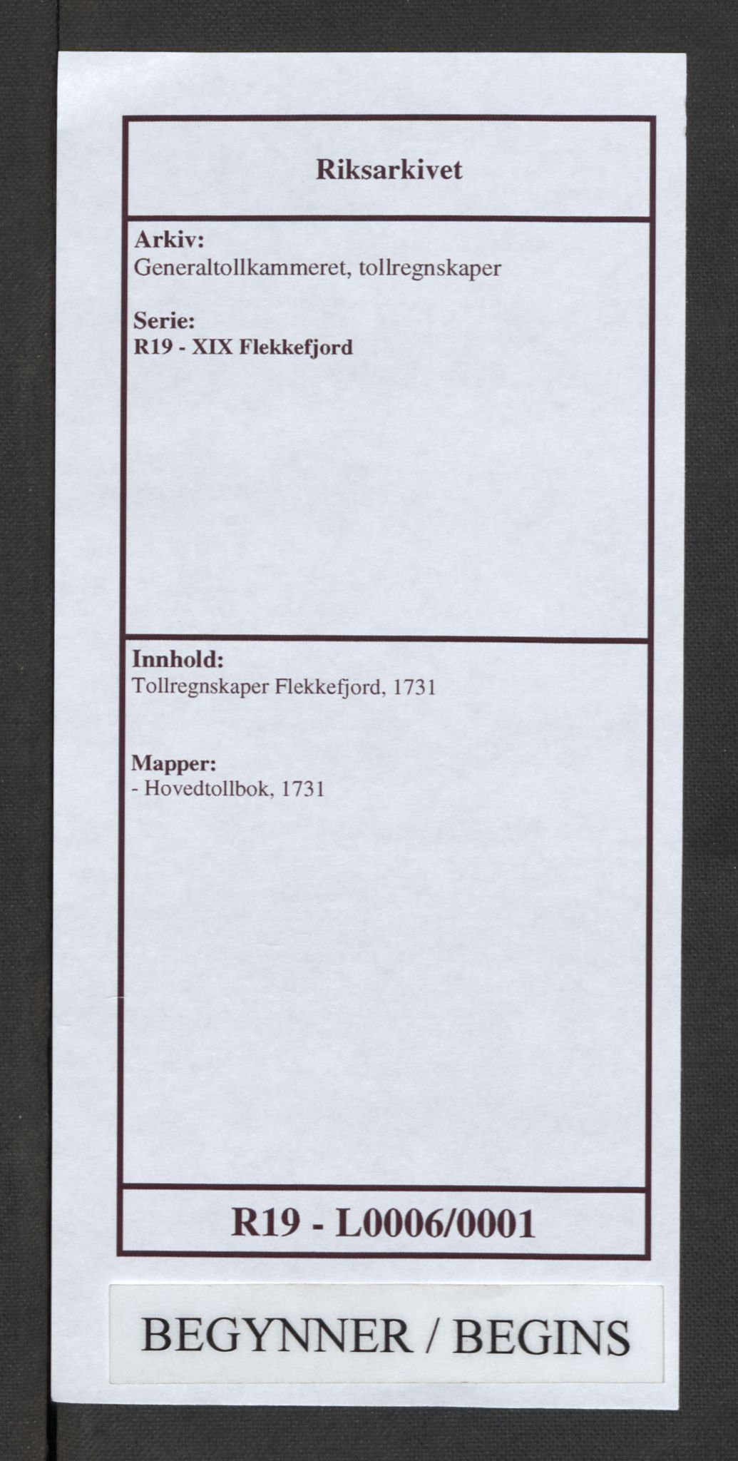 Generaltollkammeret, tollregnskaper, RA/EA-5490/R19/L0006/0001: Tollregnskaper Flekkefjord / Hovedtollbok, 1731