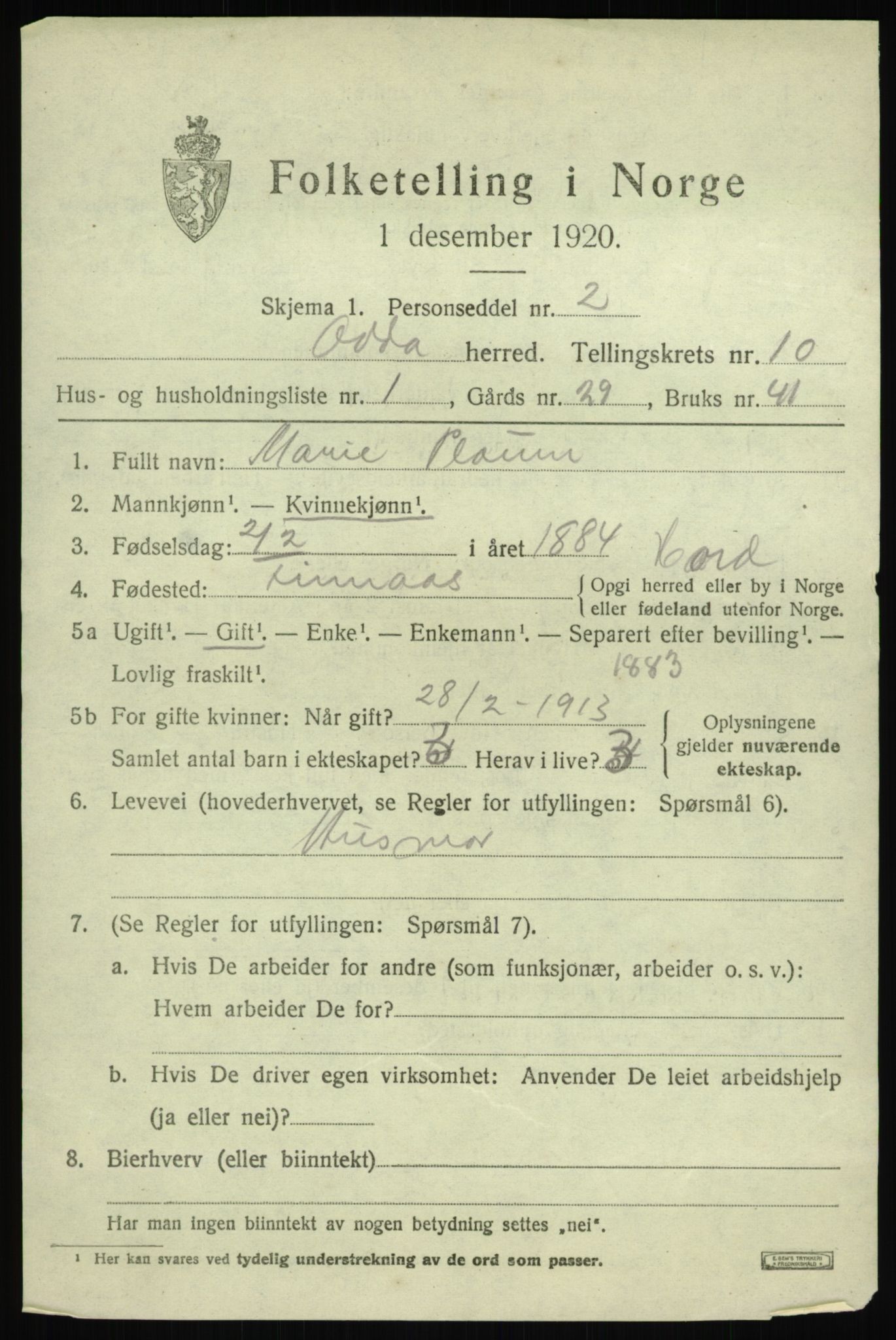 SAB, 1920 census for Odda, 1920, p. 9425