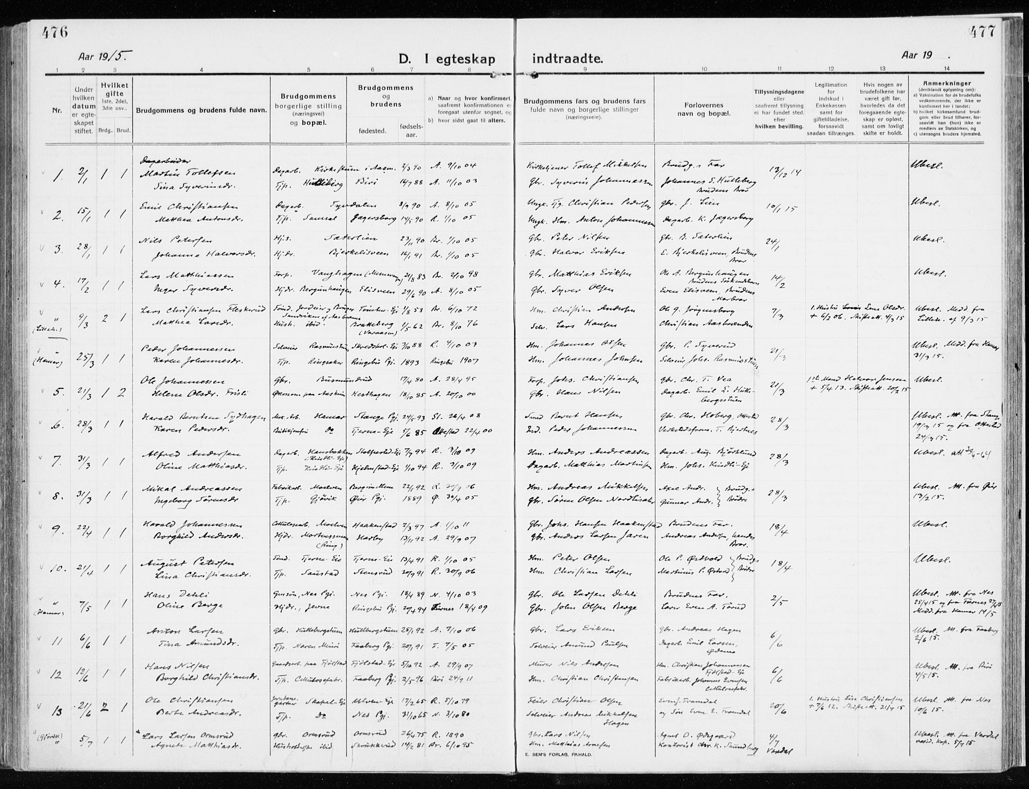 Ringsaker prestekontor, SAH/PREST-014/K/Ka/L0020: Parish register (official) no. 20, 1913-1922, p. 476-477