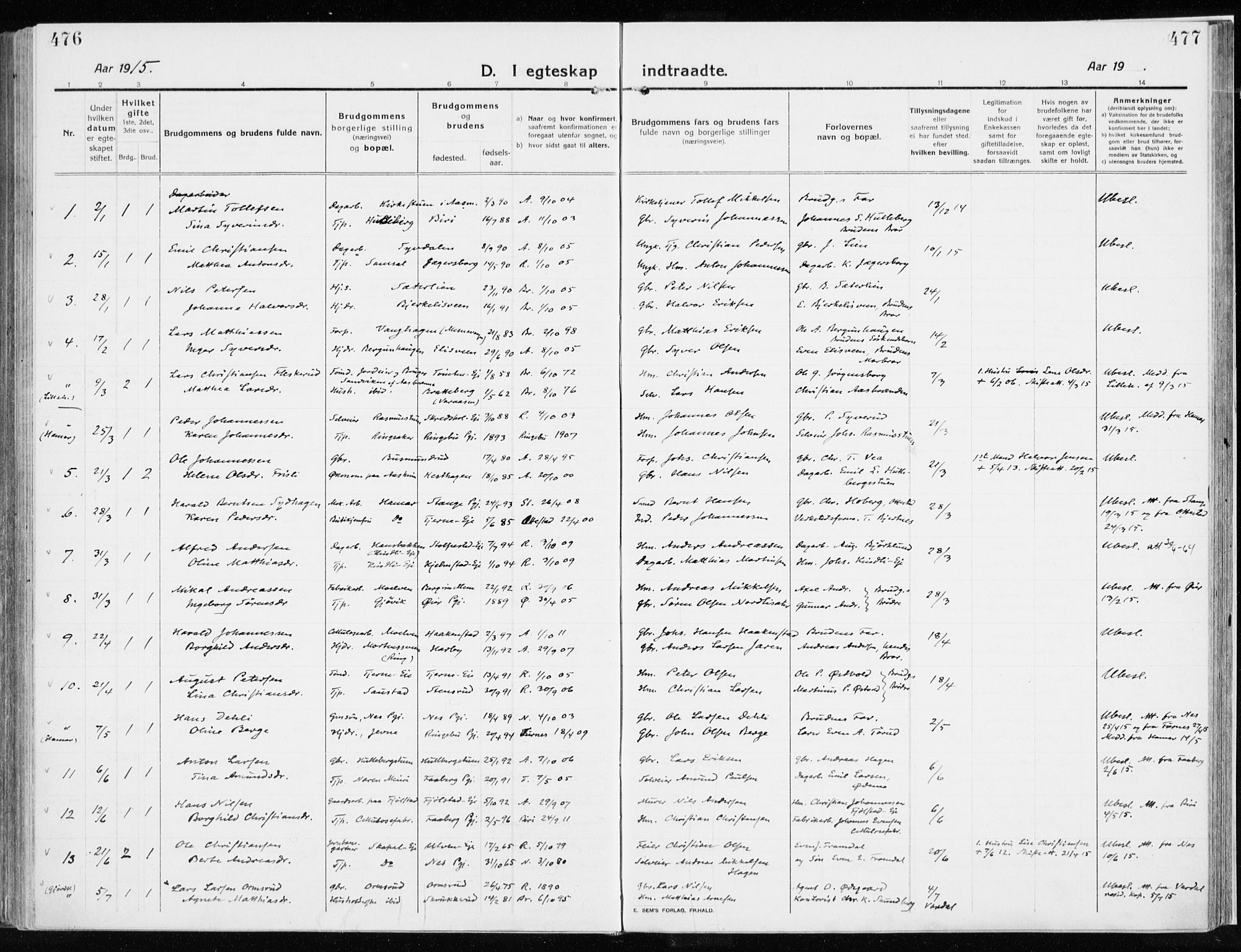 Ringsaker prestekontor, AV/SAH-PREST-014/K/Ka/L0020: Parish register (official) no. 20, 1913-1922, p. 476-477