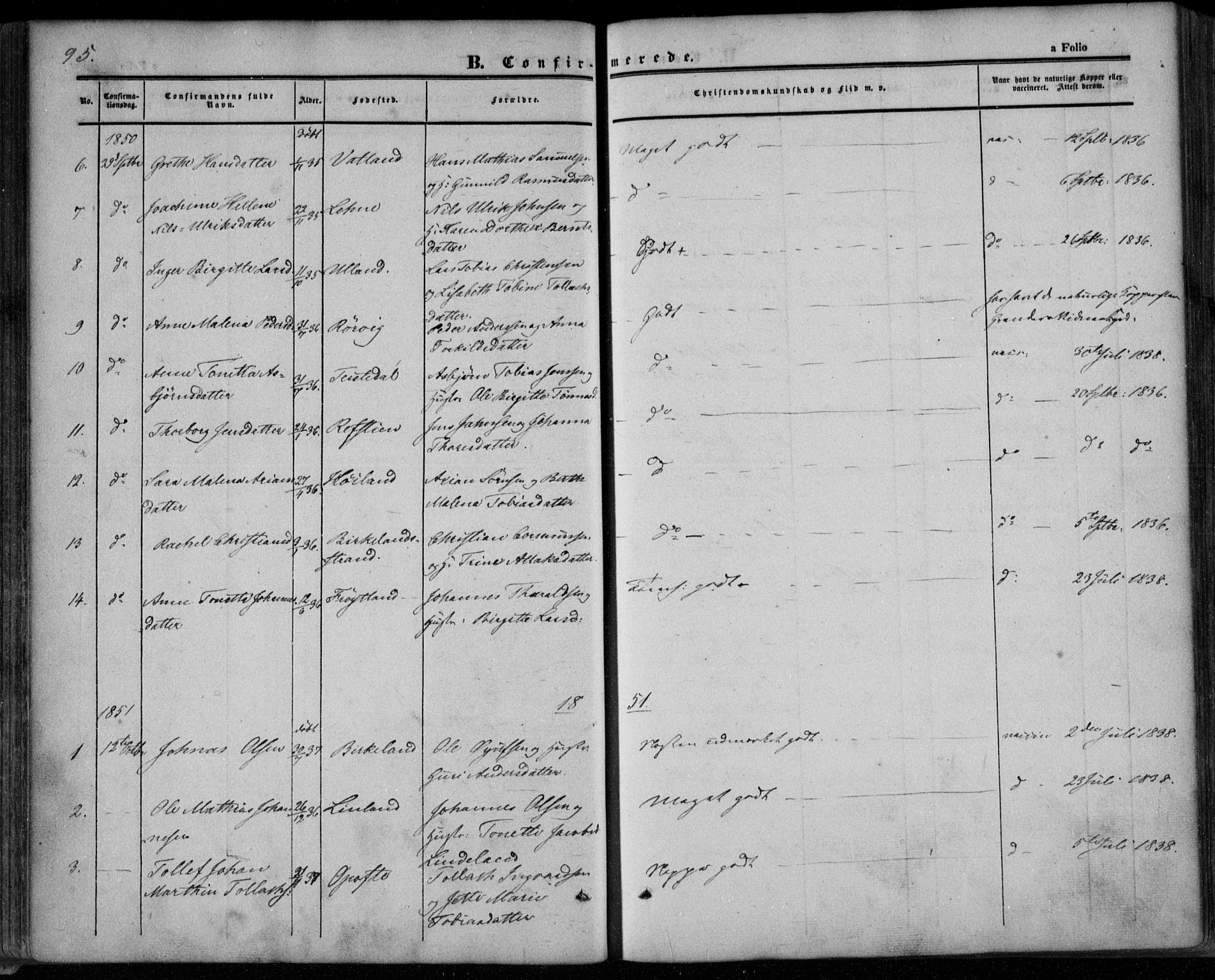 Kvinesdal sokneprestkontor, SAK/1111-0026/F/Fa/Faa/L0002: Parish register (official) no. A 2, 1850-1876, p. 95