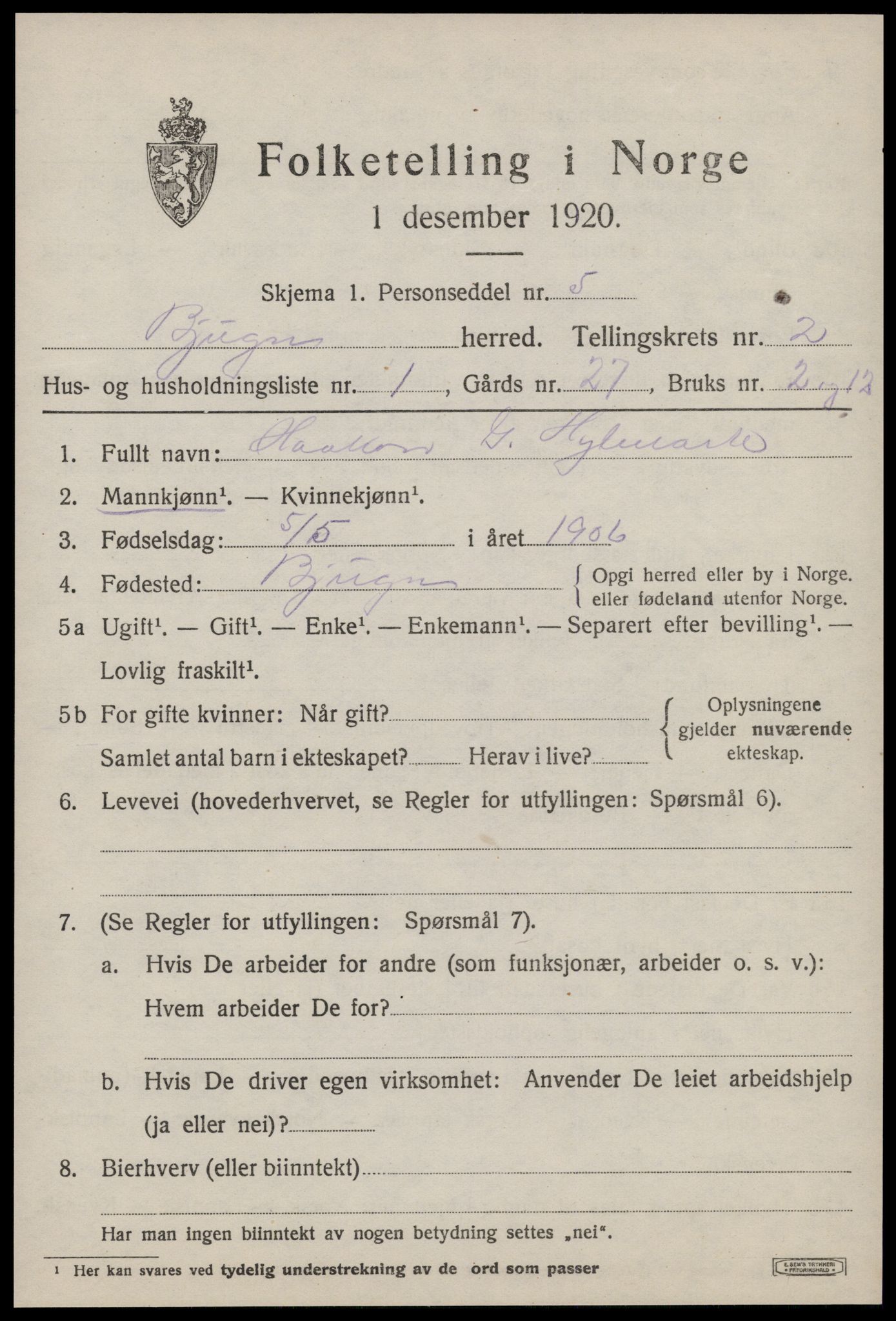 SAT, 1920 census for Bjugn, 1920, p. 1291