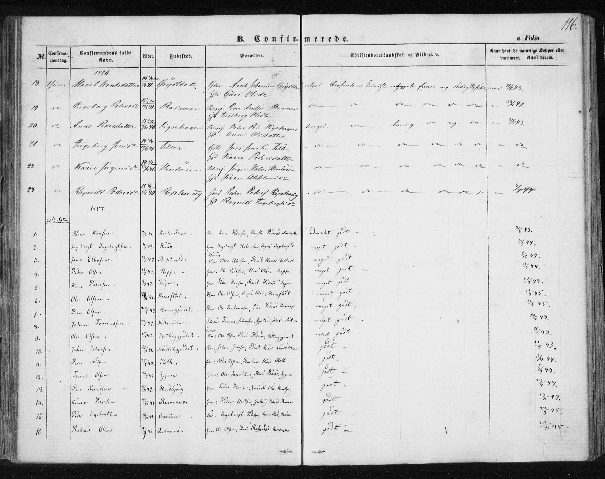 Ministerialprotokoller, klokkerbøker og fødselsregistre - Sør-Trøndelag, SAT/A-1456/685/L0964: Parish register (official) no. 685A06 /2, 1846-1859, p. 116