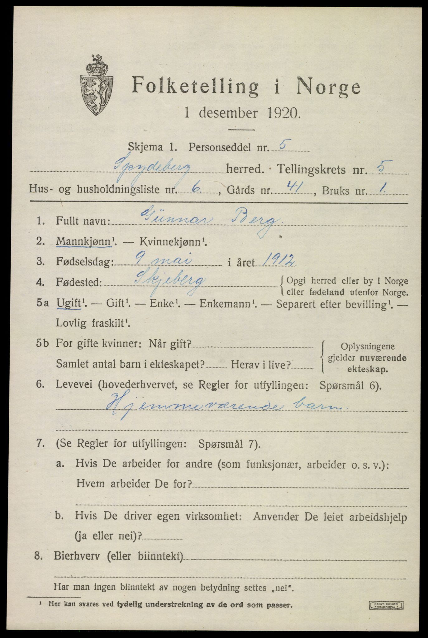 SAO, 1920 census for Spydeberg, 1920, p. 6201