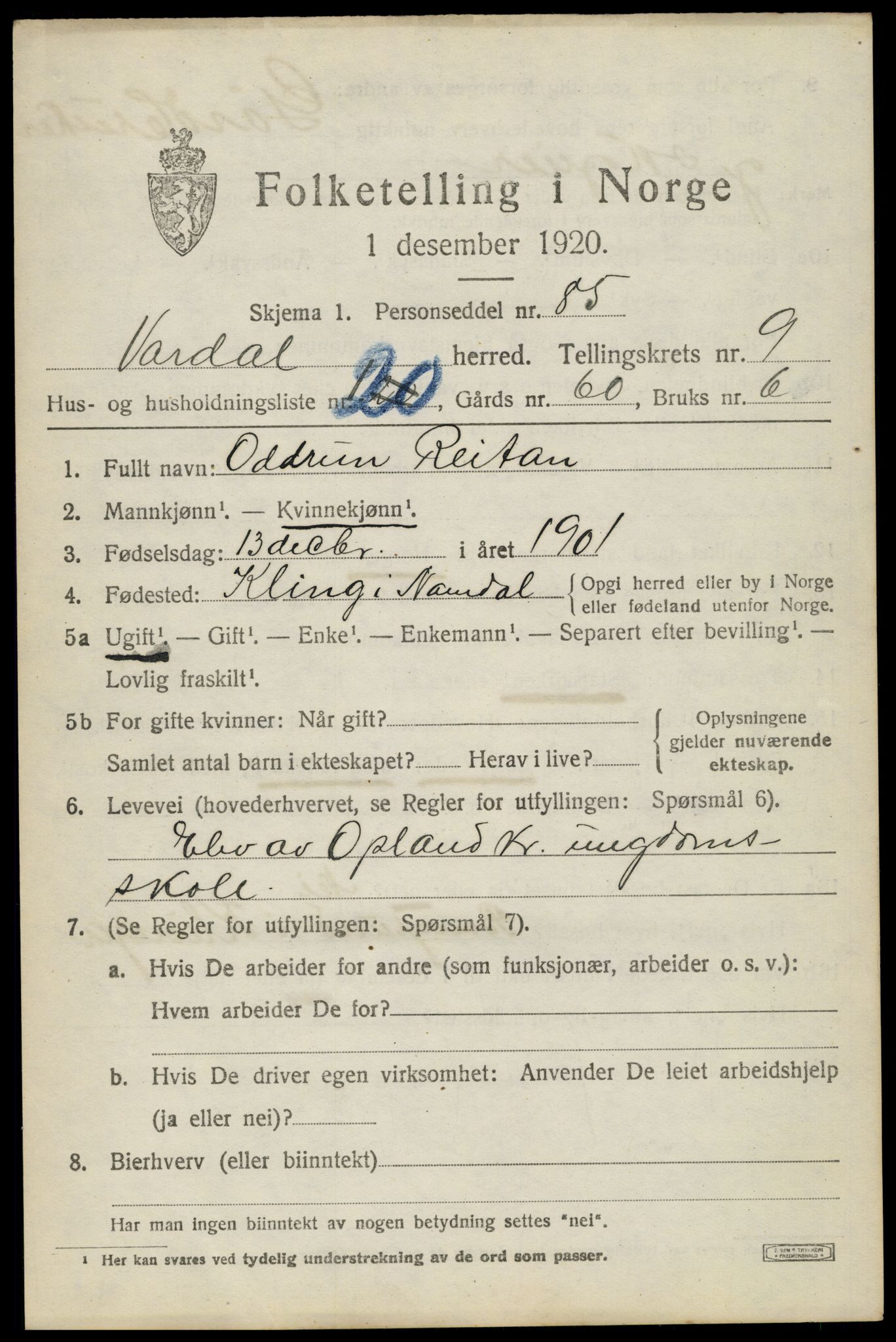 SAH, 1920 census for Vardal, 1920, p. 6891