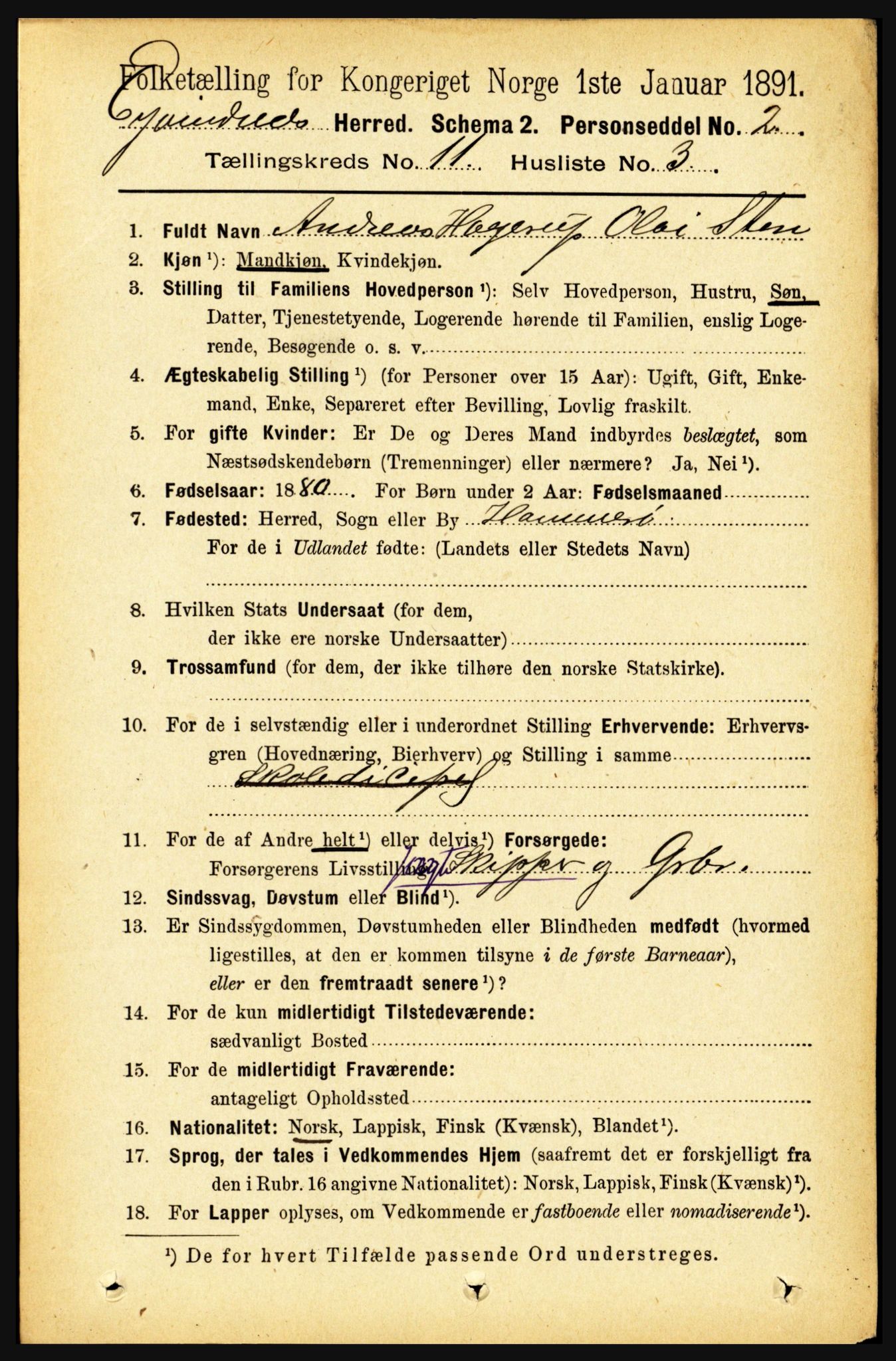 RA, 1891 census for 1853 Evenes, 1891, p. 3481