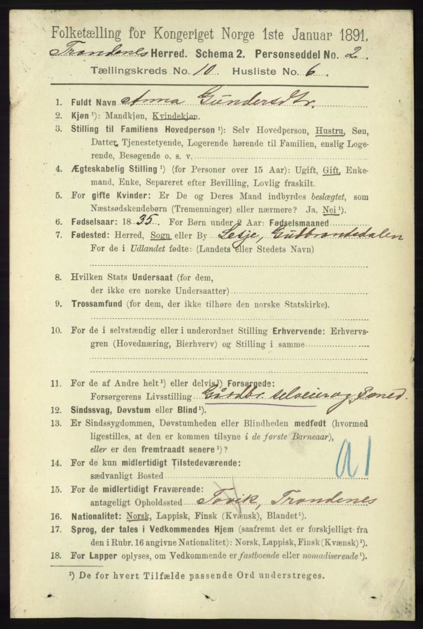 RA, 1891 census for 1914 Trondenes, 1891, p. 7545