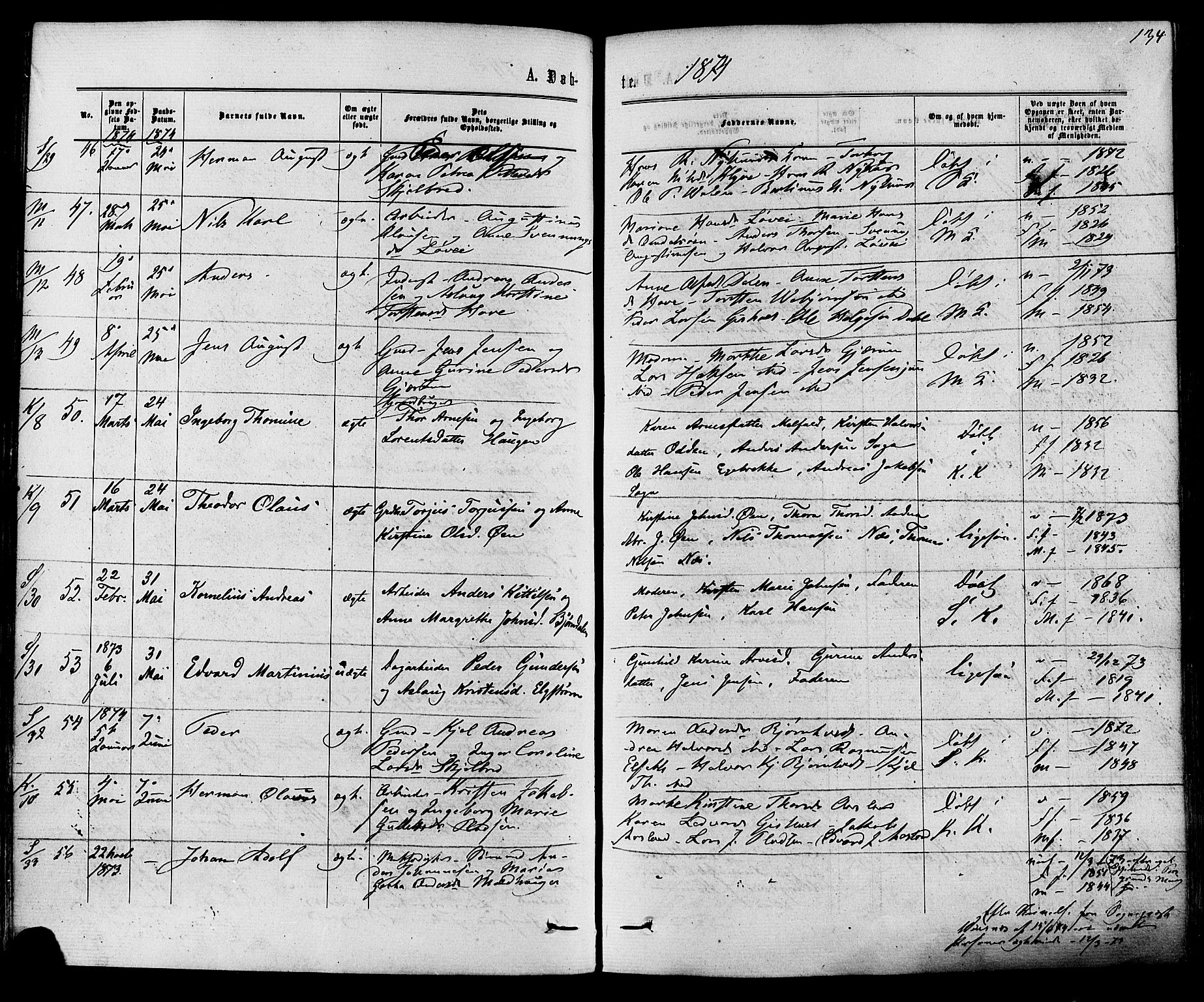 Solum kirkebøker, AV/SAKO-A-306/F/Fa/L0008: Parish register (official) no. I 8, 1865-1876, p. 134