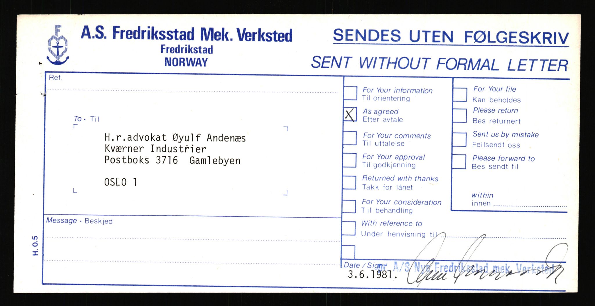 Fredrikstad mekaniske verksted, RA/PA-1807/Q/L0002: FMV - Moss - Rosenberg verft, Overtagelsesdokumenter, 1980-1981, p. 2