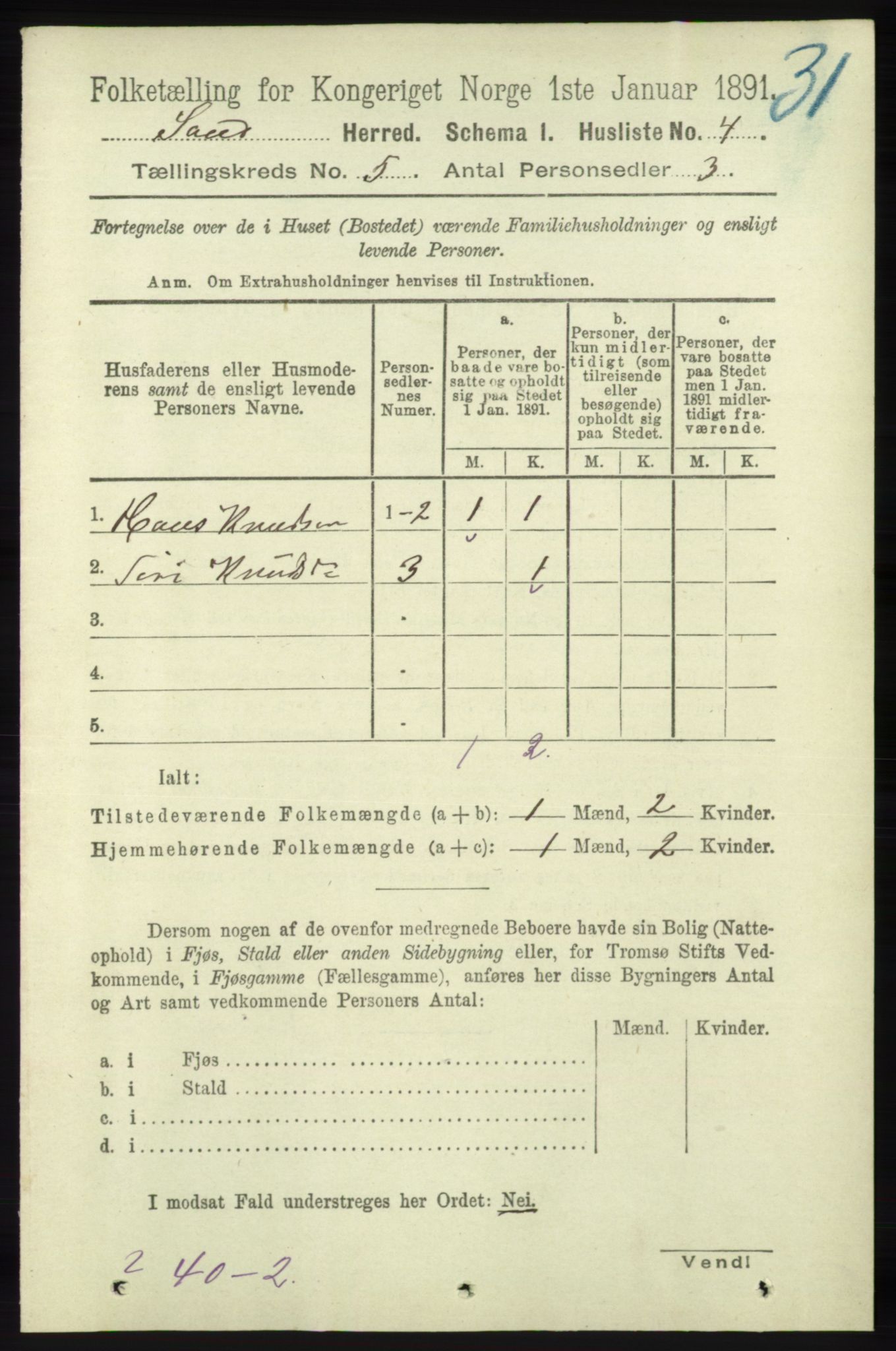 RA, 1891 census for 1136 Sand, 1891, p. 1488