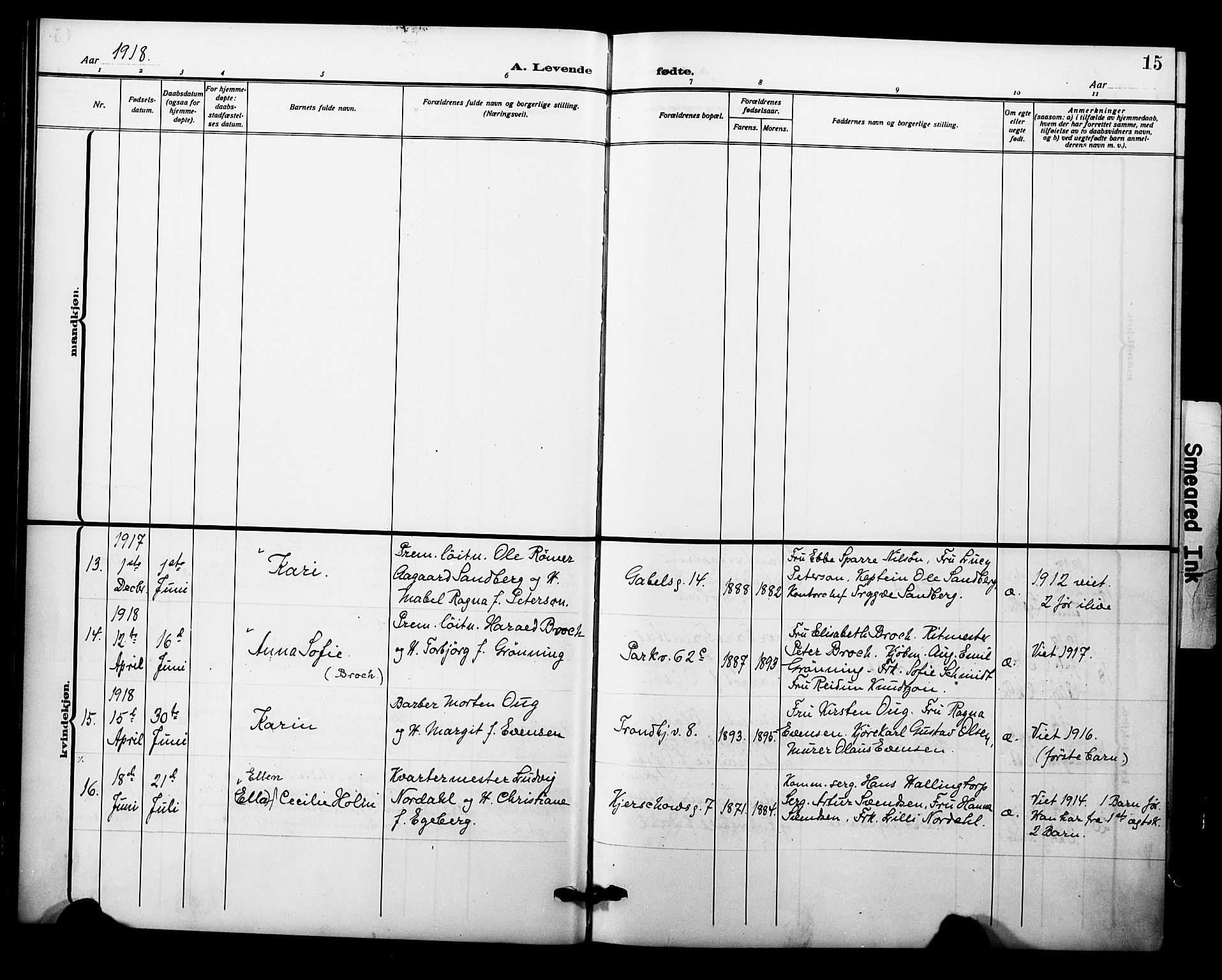 Garnisonsmenigheten Kirkebøker, AV/SAO-A-10846/F/Fa/L0015: Parish register (official) no. 15, 1915-1921, p. 15