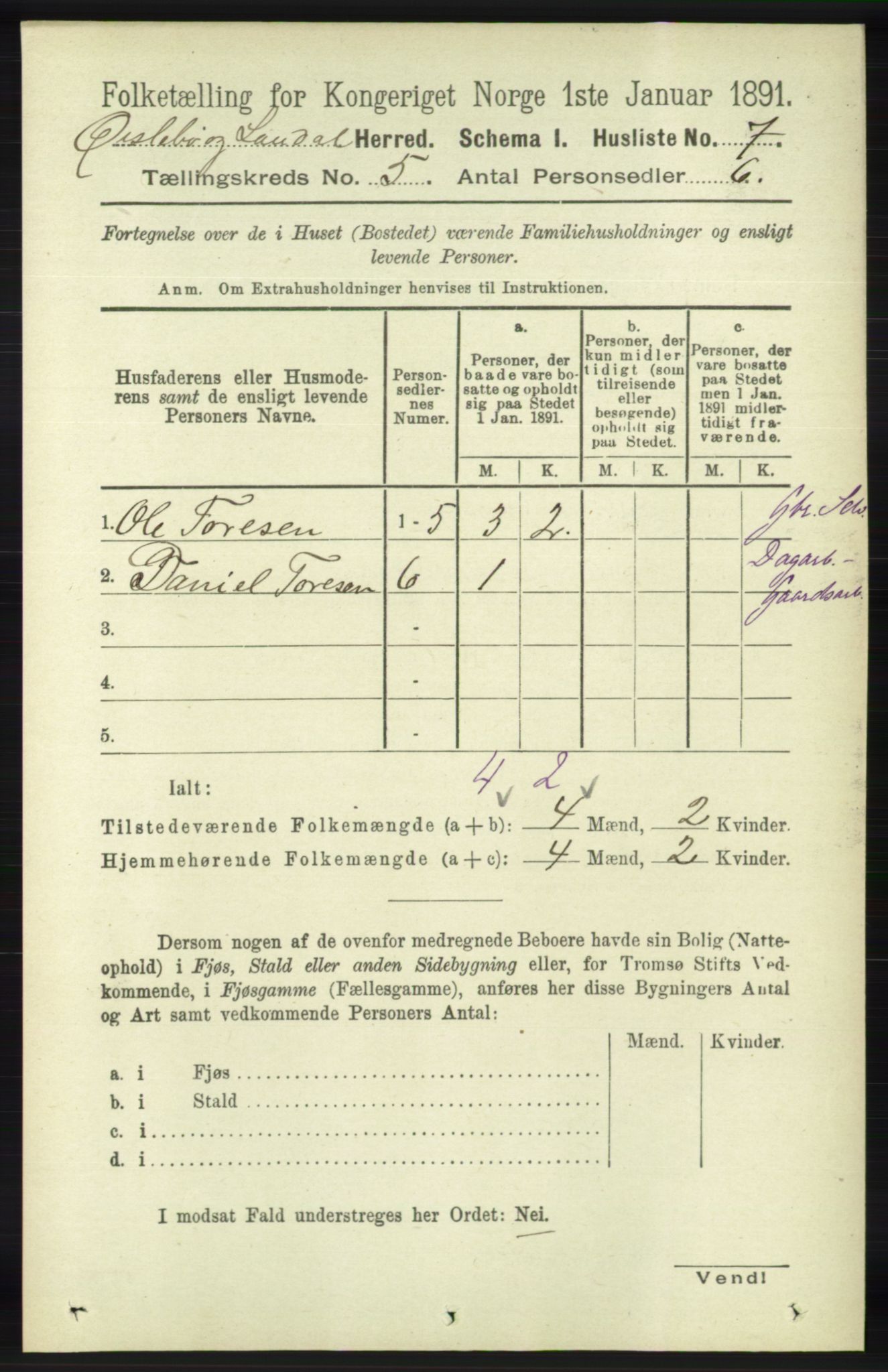 RA, 1891 census for 1021 Øyslebø og Laudal, 1891, p. 1282