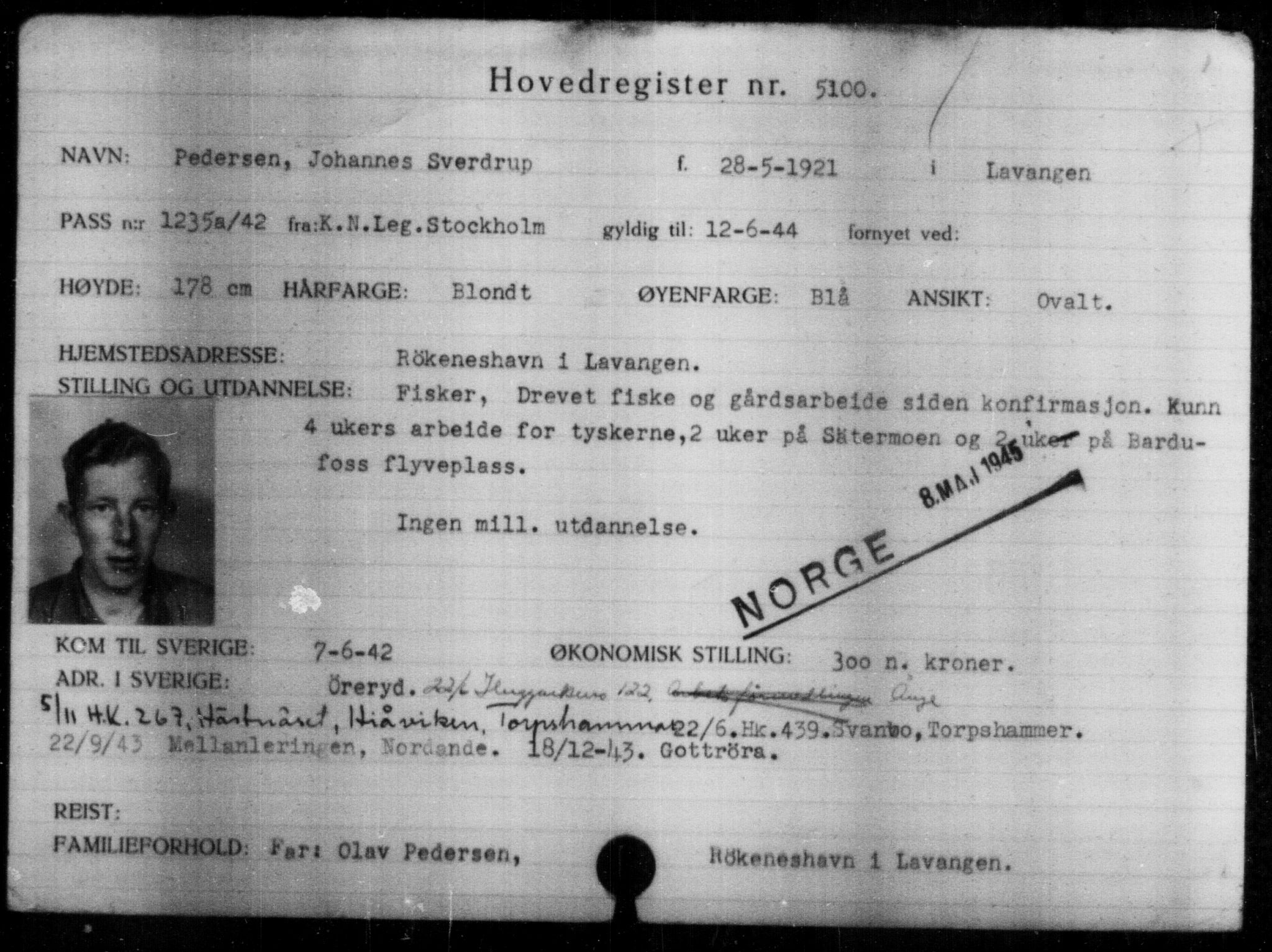 Utenriksstasjonene, Legasjonen i Stockholm, Flyktningkontoret, AV/RA-S-6753/V/Va/L0004: Kjesäterkartoteket, flyktninger med registreringsnr. 3496-6610, 1940-1945, p. 1893