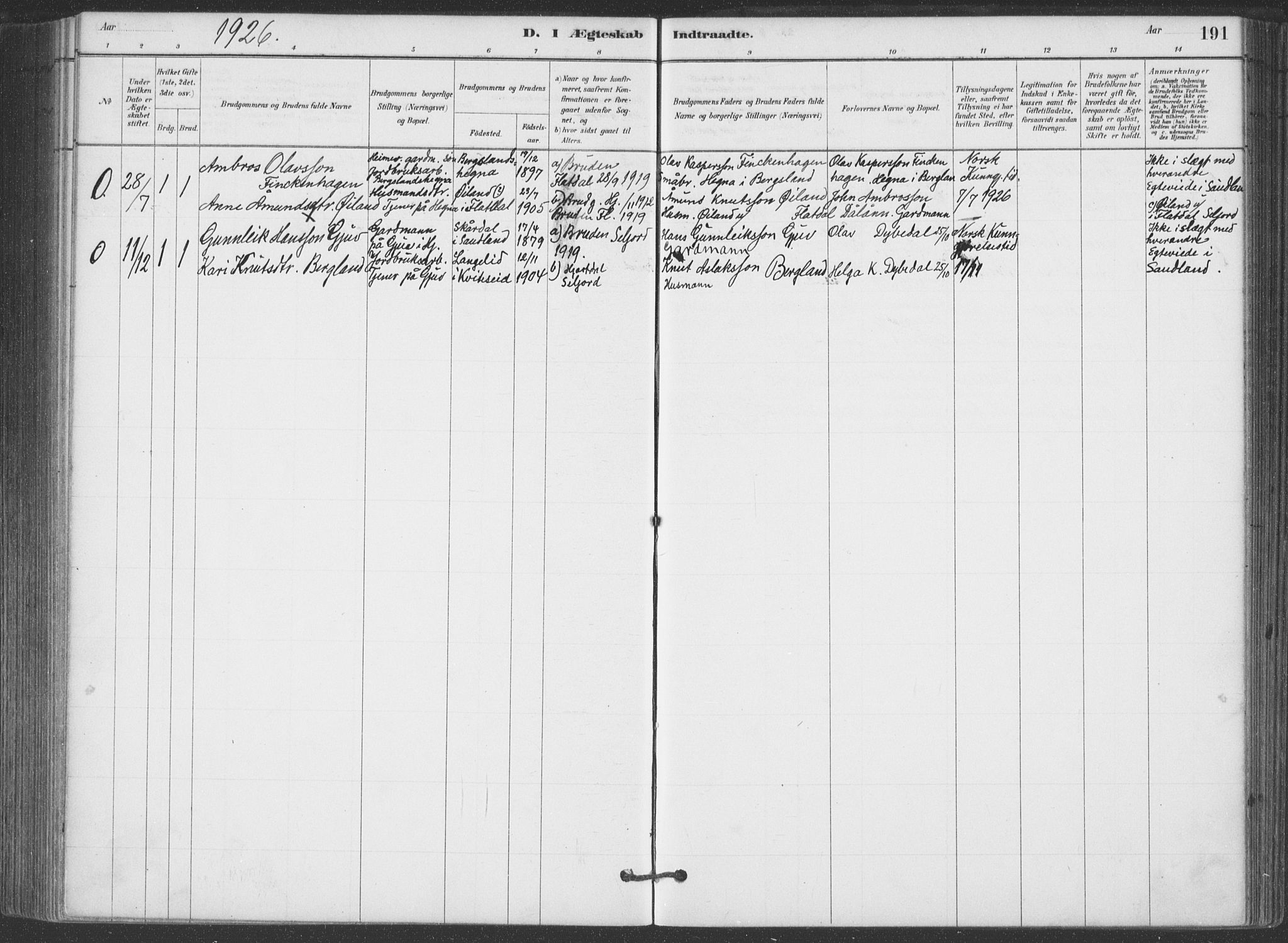 Hjartdal kirkebøker, AV/SAKO-A-270/F/Fa/L0010: Parish register (official) no. I 10, 1880-1929, p. 191