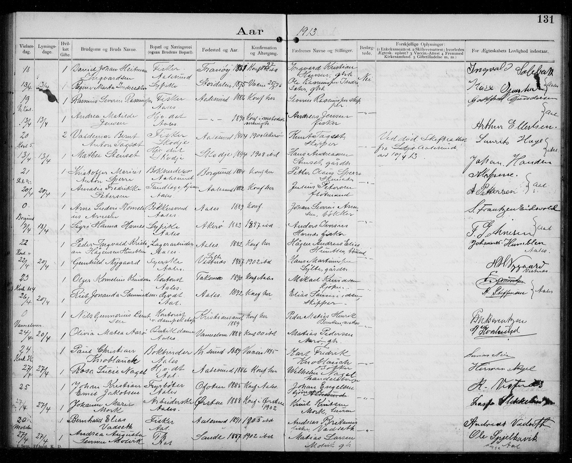 Ministerialprotokoller, klokkerbøker og fødselsregistre - Møre og Romsdal, AV/SAT-A-1454/529/L0458: Banns register no. 529A08, 1901-1918, p. 131