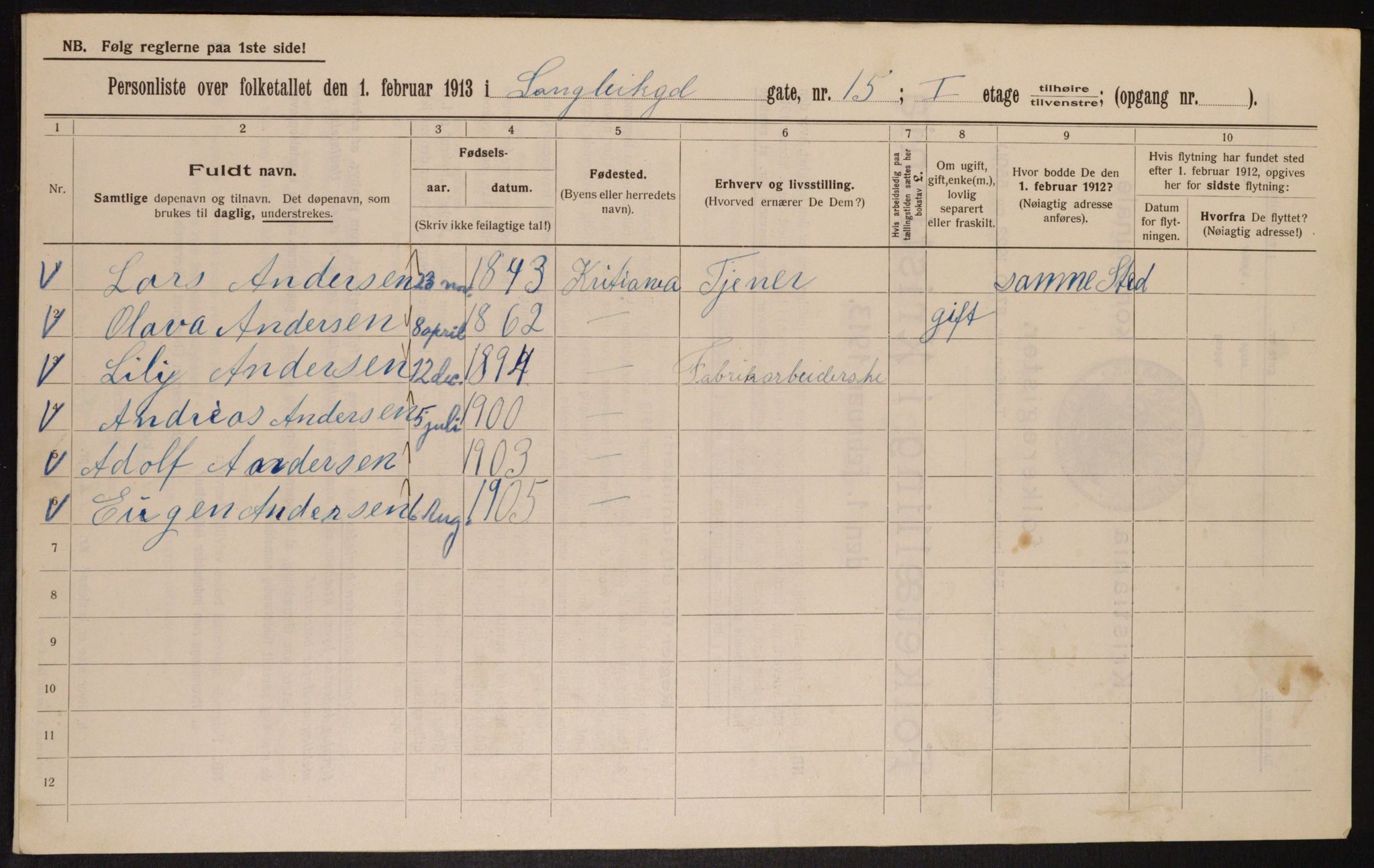 OBA, Municipal Census 1913 for Kristiania, 1913, p. 56835