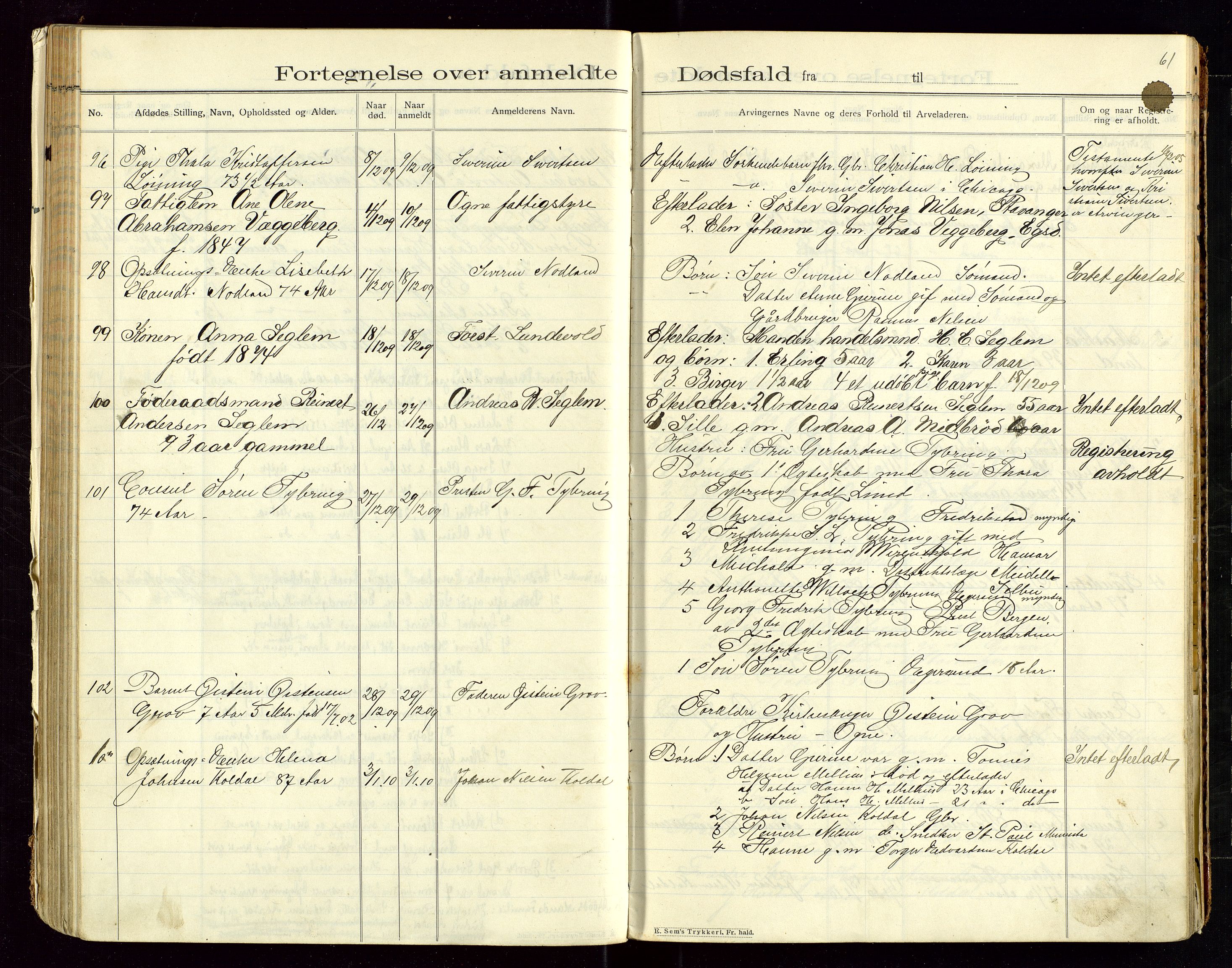 Eigersund lensmannskontor, SAST/A-100171/Gga/L0005: "Dødsfalds-Protokol" m/alfabetisk navneregister, 1905-1913, p. 61