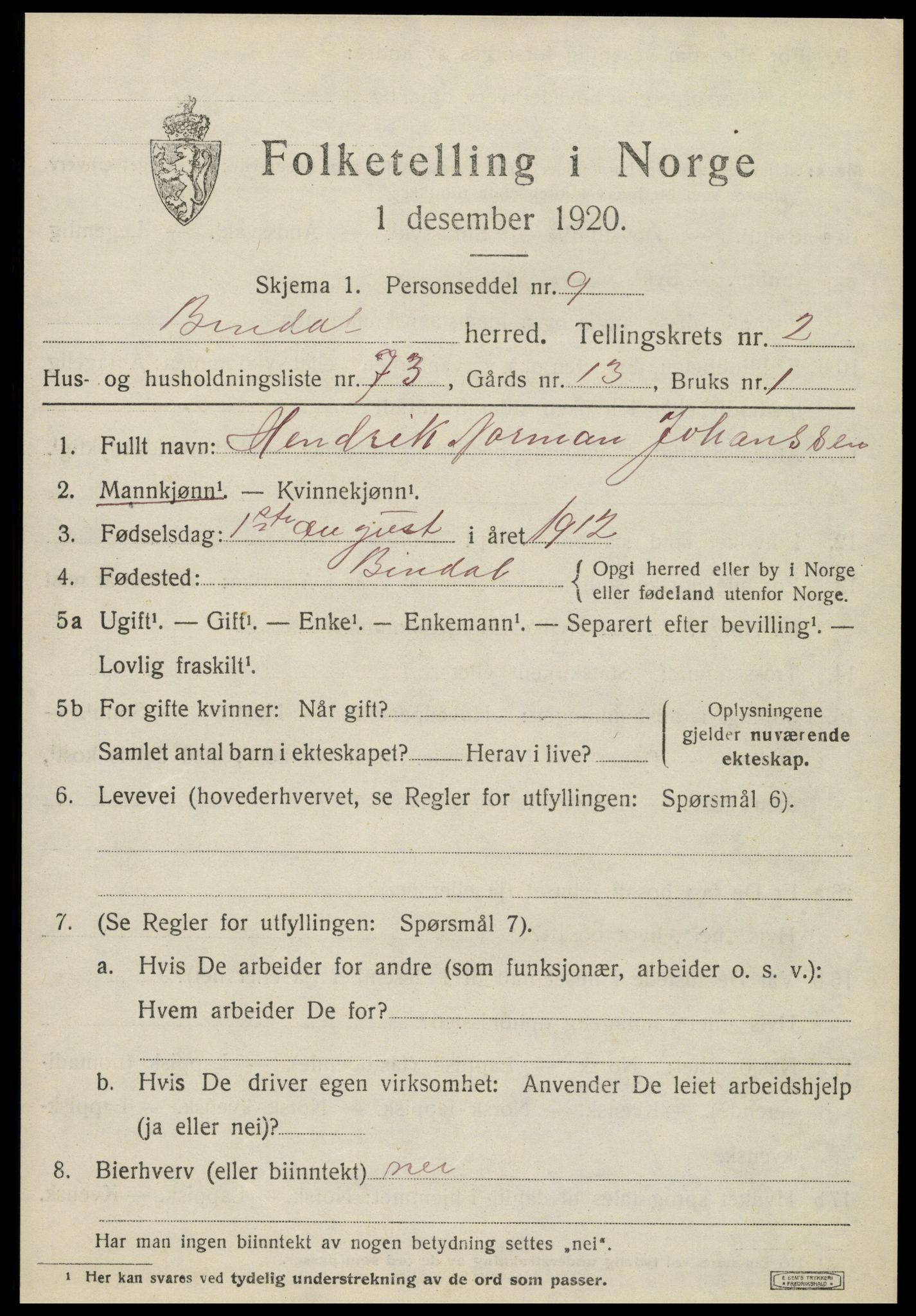 SAT, 1920 census for Bindal, 1920, p. 2721