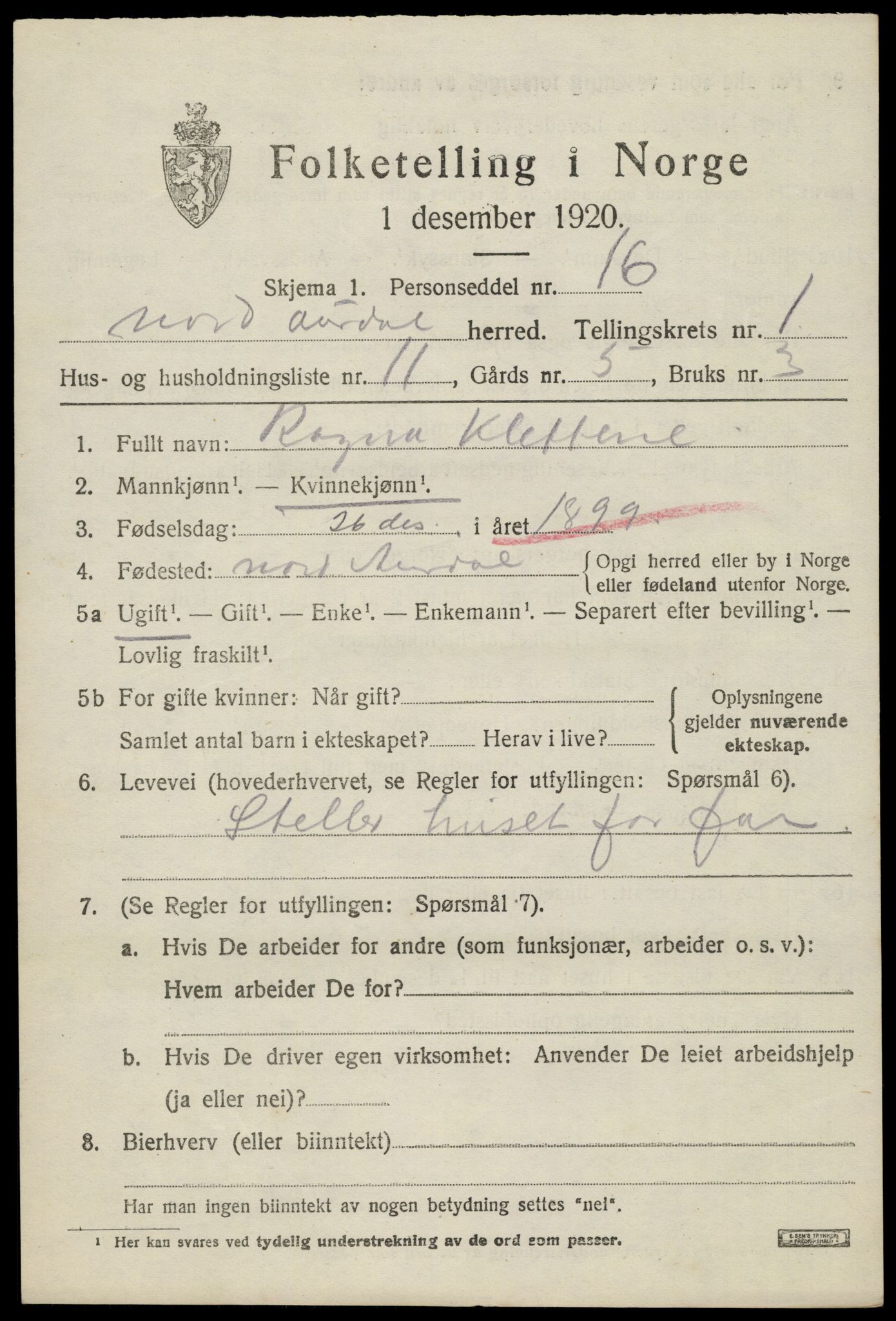 SAH, 1920 census for Nord-Aurdal, 1920, p. 2022