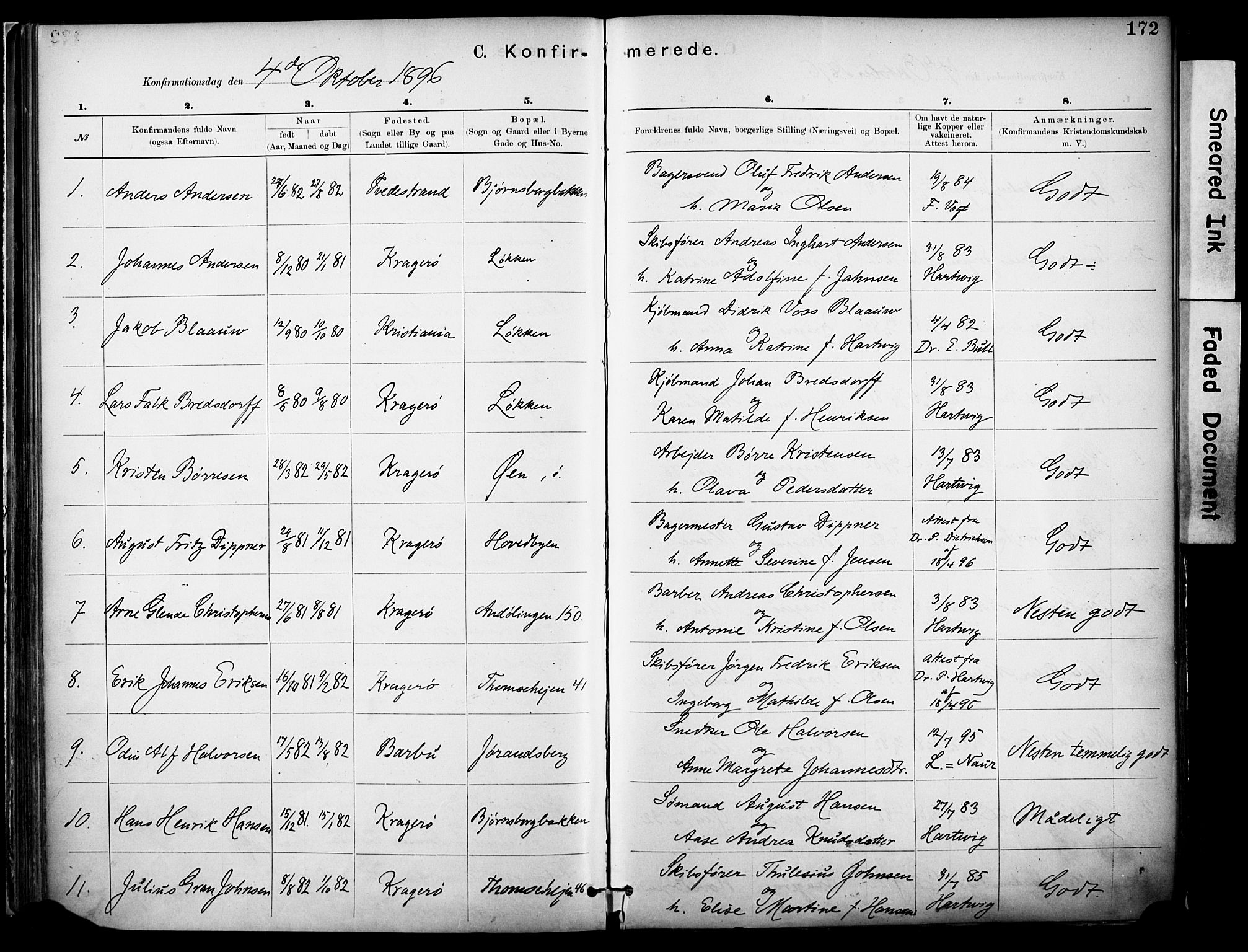 Kragerø kirkebøker, SAKO/A-278/F/Fa/L0012: Parish register (official) no. 12, 1880-1904, p. 172