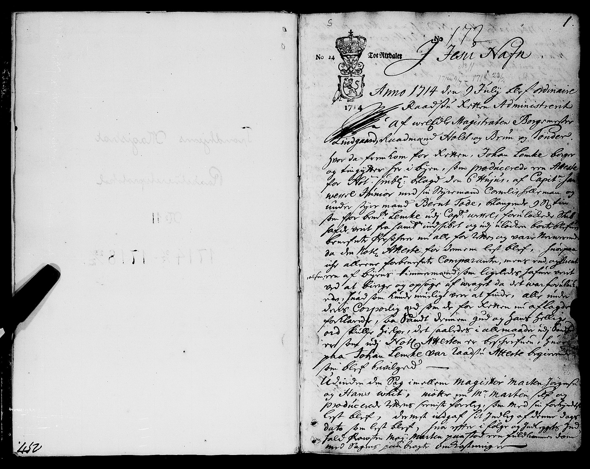 Trondheim magistrat, SAT/A-4372/A/Aa/L0011: Rådstueprotokoller, 1714-1718, p. 1