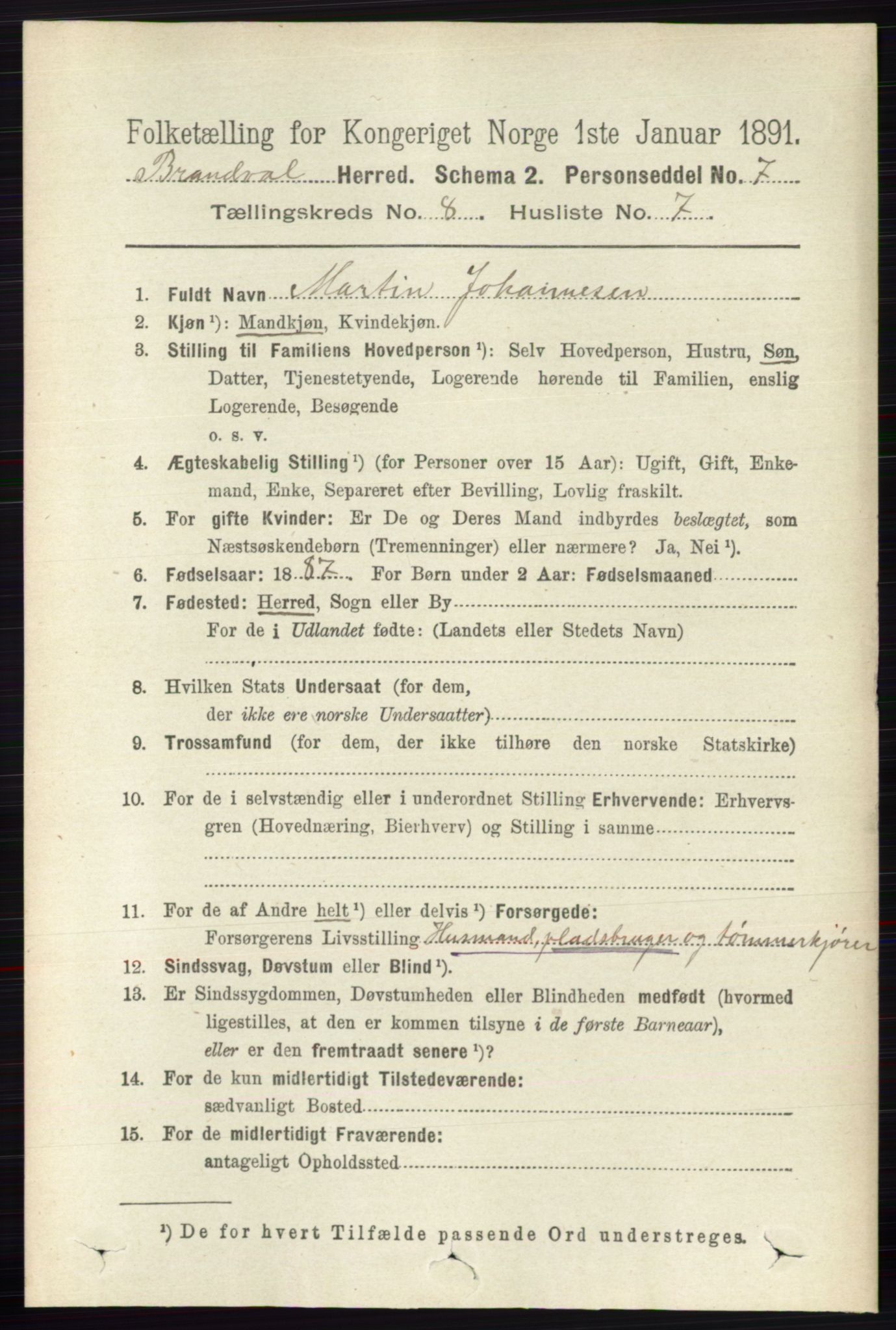 RA, 1891 census for 0422 Brandval, 1891, p. 3877