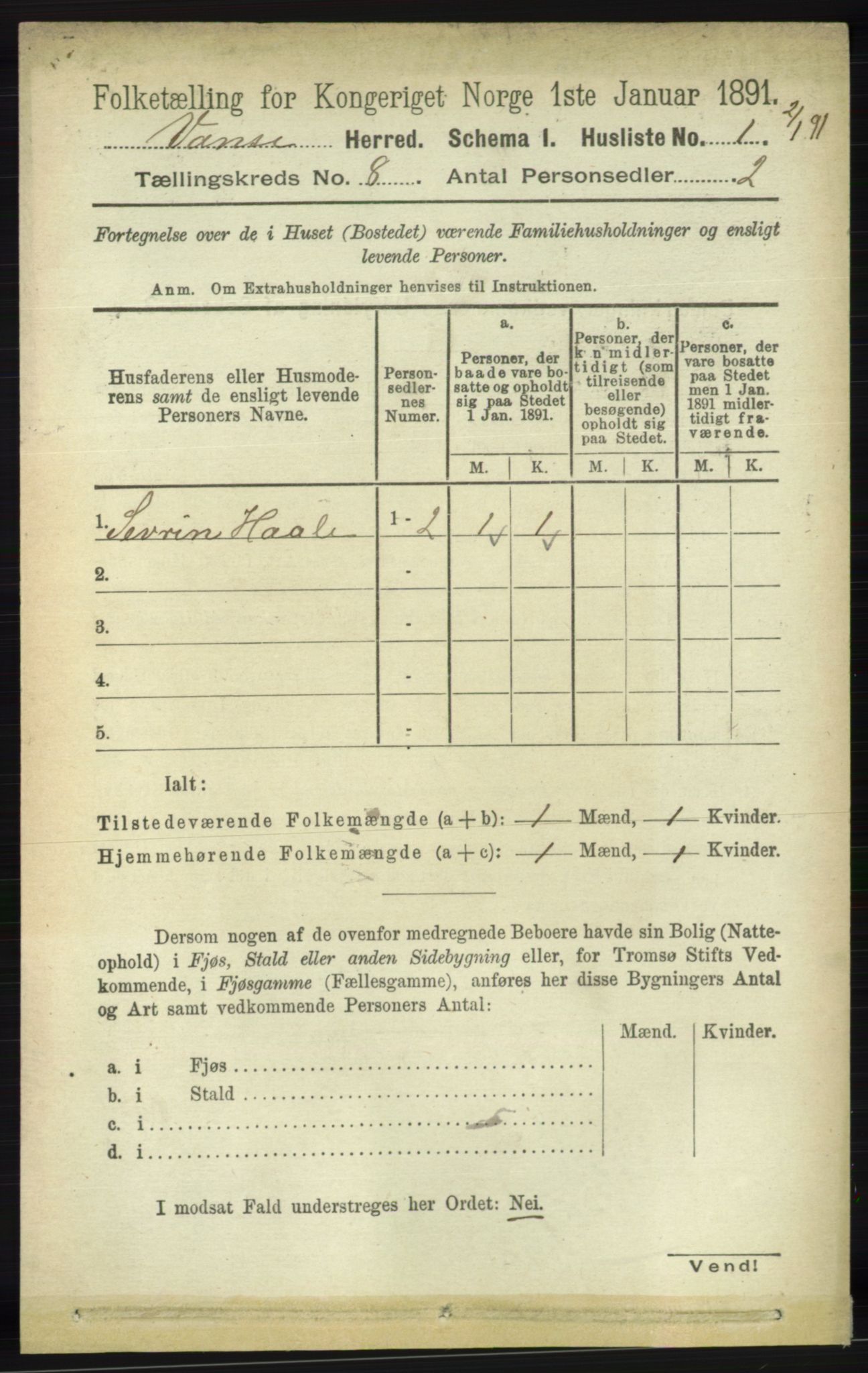 RA, 1891 census for 1041 Vanse, 1891, p. 4841