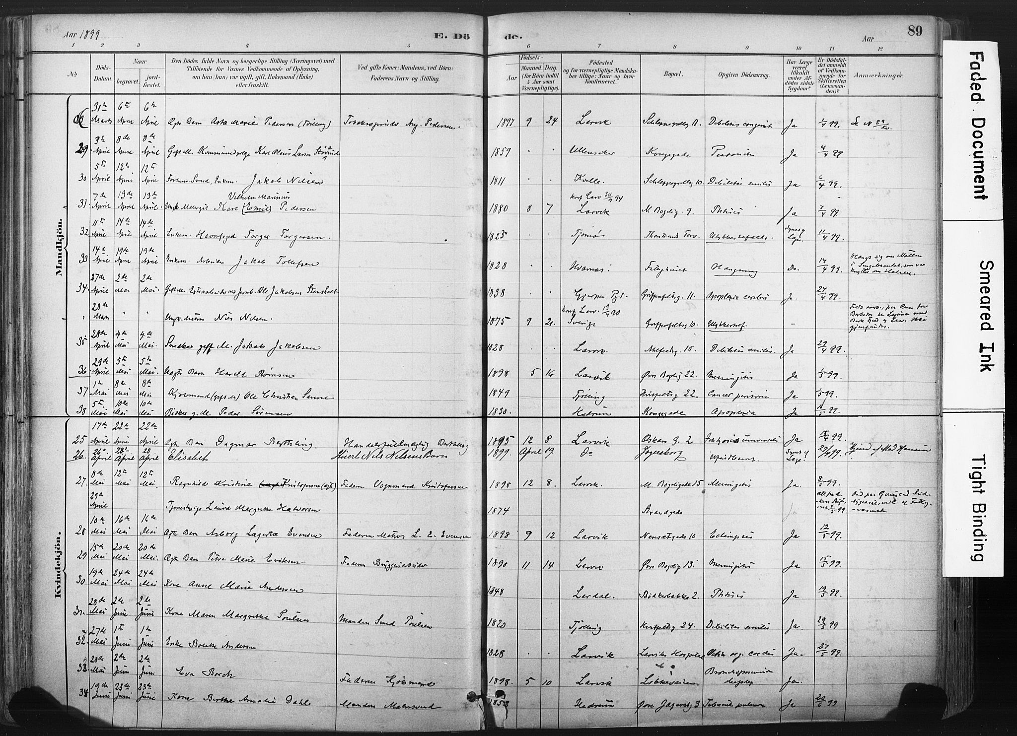 Larvik kirkebøker, AV/SAKO-A-352/F/Fa/L0010: Parish register (official) no. I 10, 1884-1910, p. 89