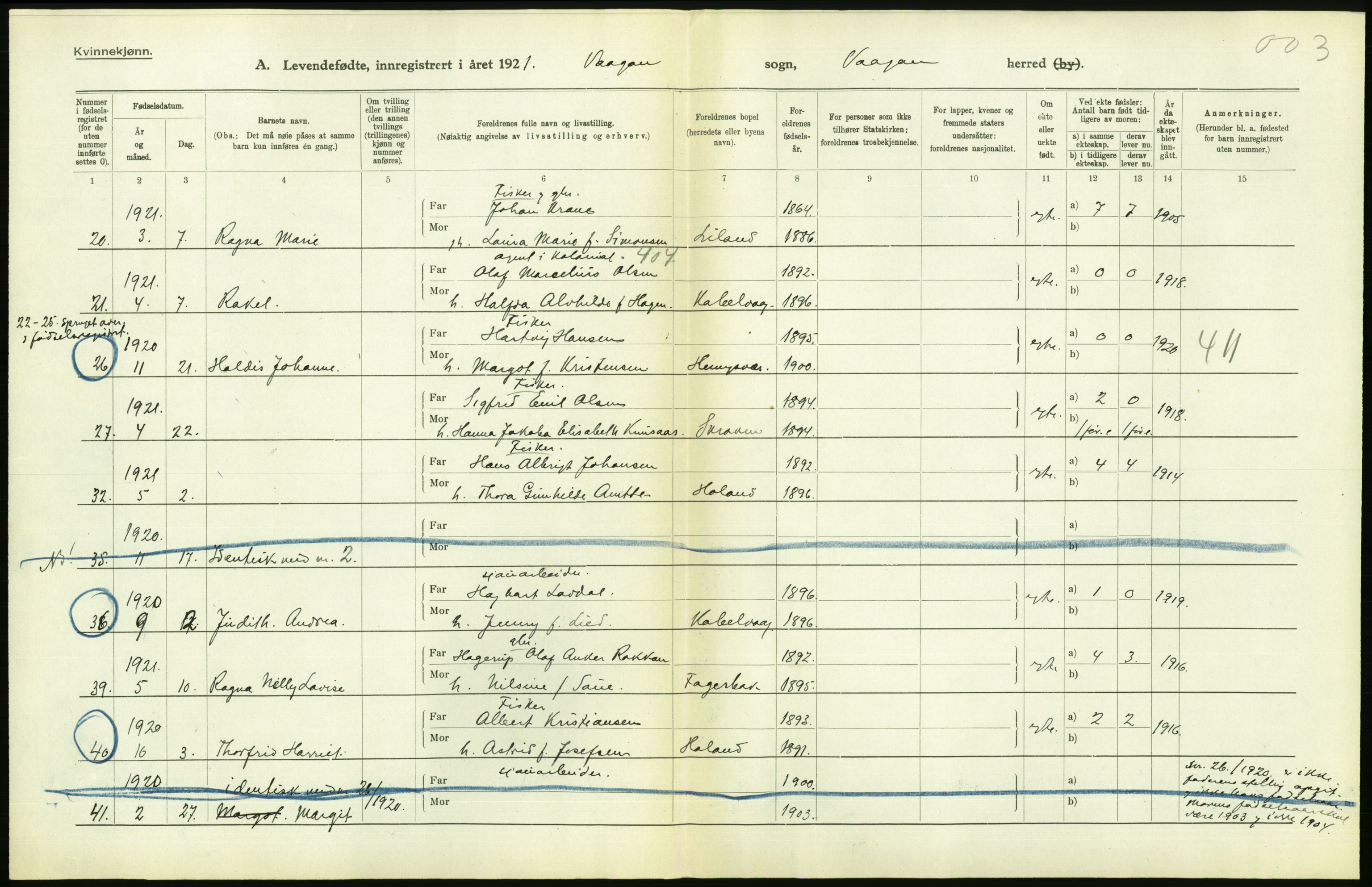 Statistisk sentralbyrå, Sosiodemografiske emner, Befolkning, AV/RA-S-2228/D/Df/Dfc/Dfca/L0049: Nordland fylke: Levendefødte menn og kvinner. Bygder., 1921, p. 312