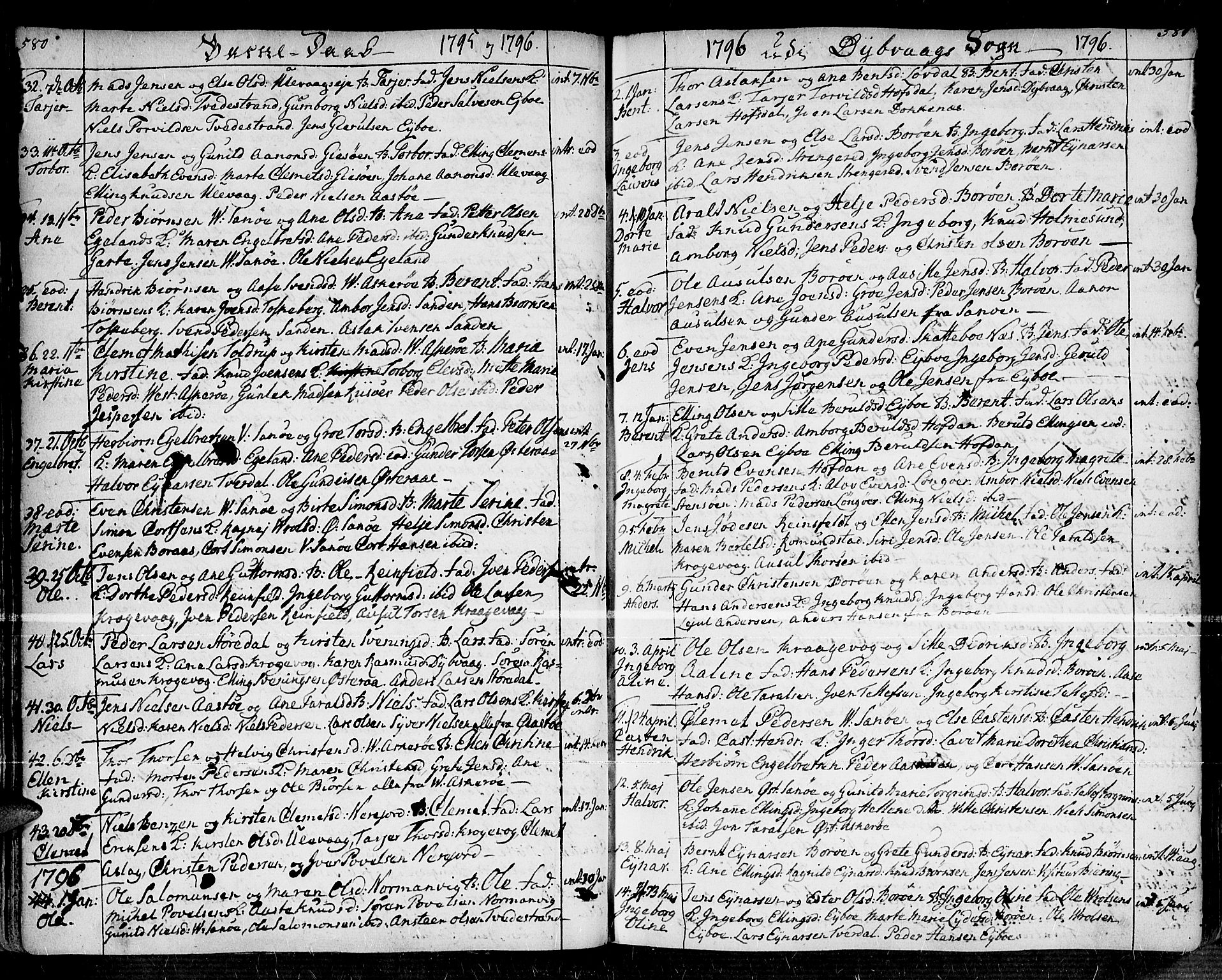 Dypvåg sokneprestkontor, SAK/1111-0007/F/Fa/Faa/L0001: Parish register (official) no. A 1 /1, 1765-1798, p. 580-581