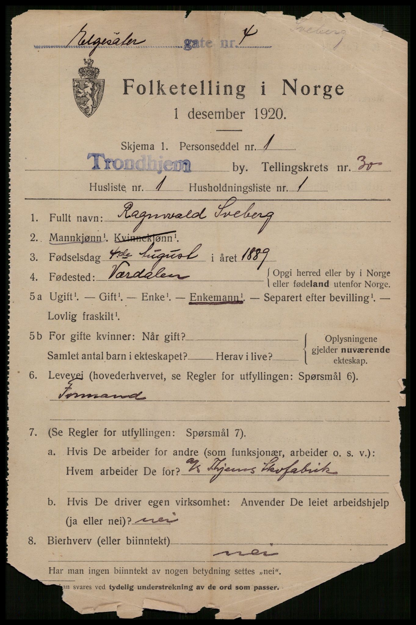 SAT, 1920 census for Trondheim, 1920, p. 73492