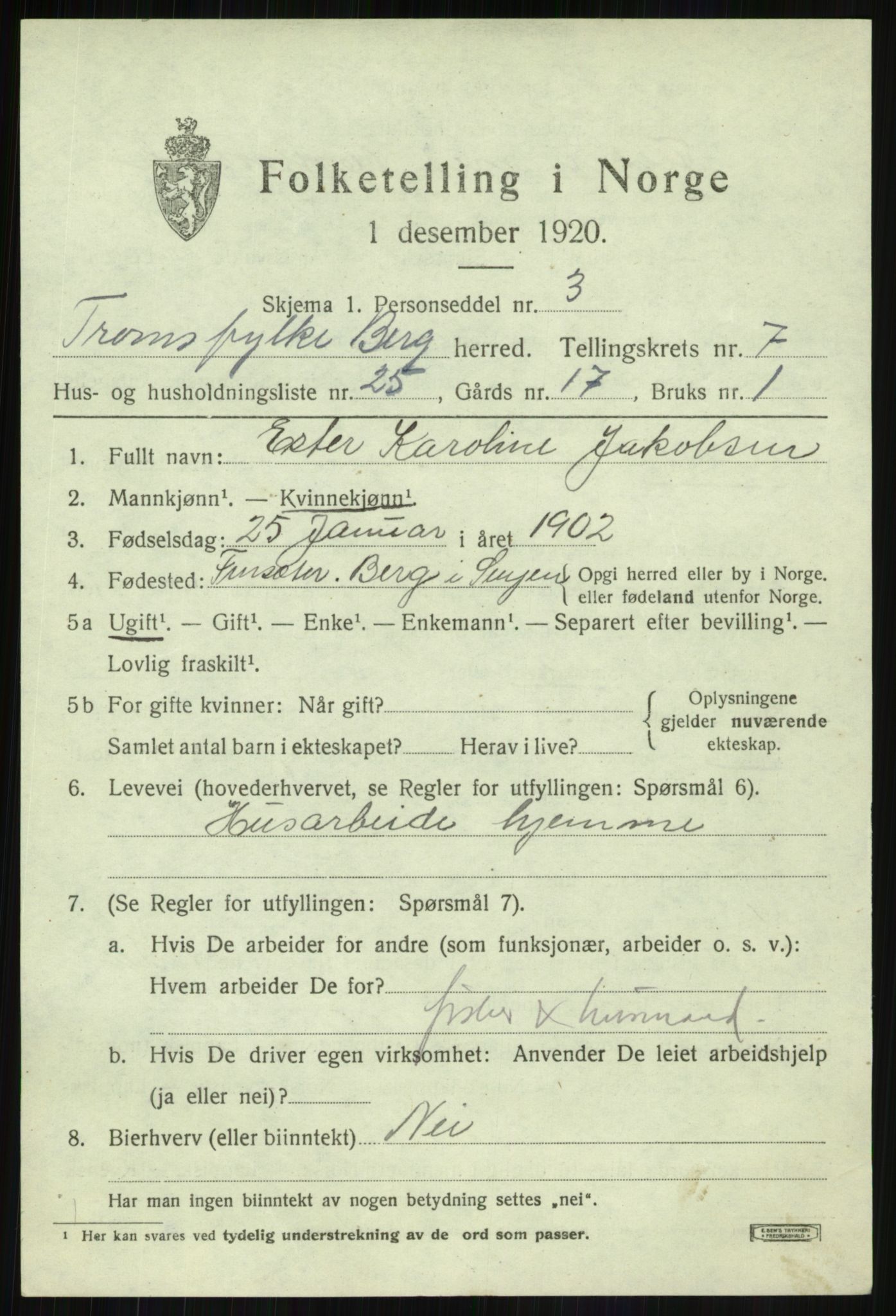 SATØ, 1920 census for Berg, 1920, p. 2734